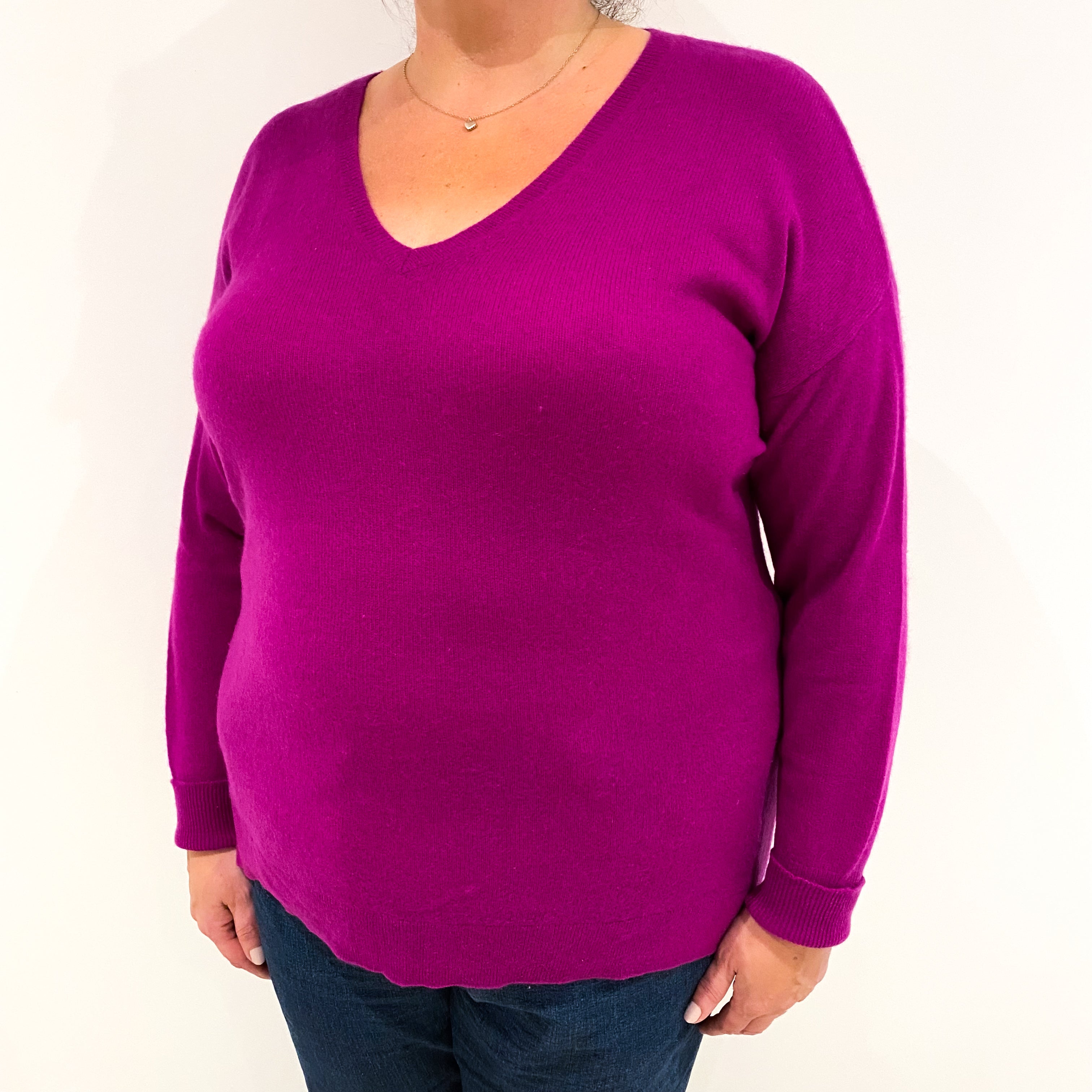 Magenta Pink Cashmere V-Neck Jumper Extra Large