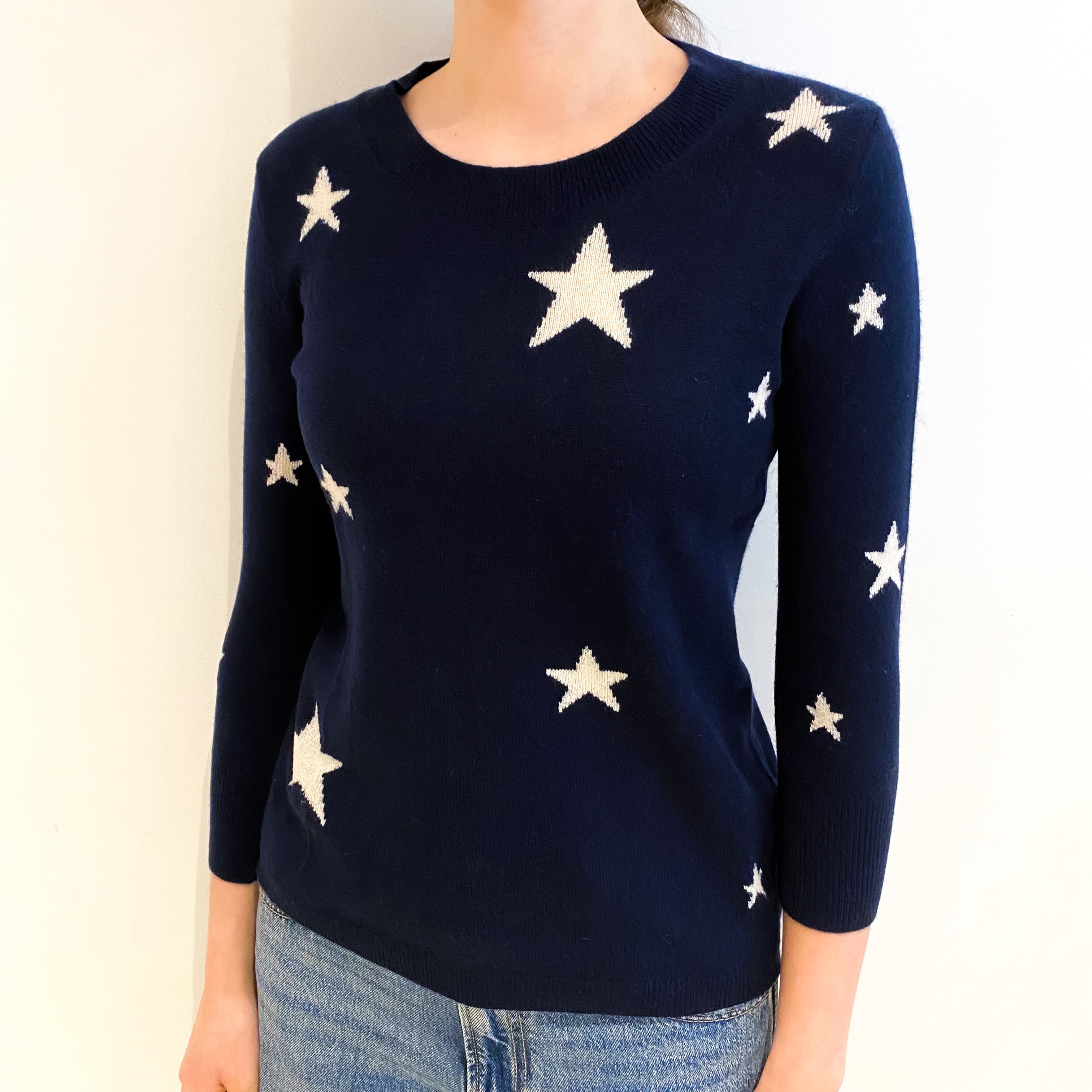 Navy Cream Star Cashmere Crew Neck Jumper Extra Small
