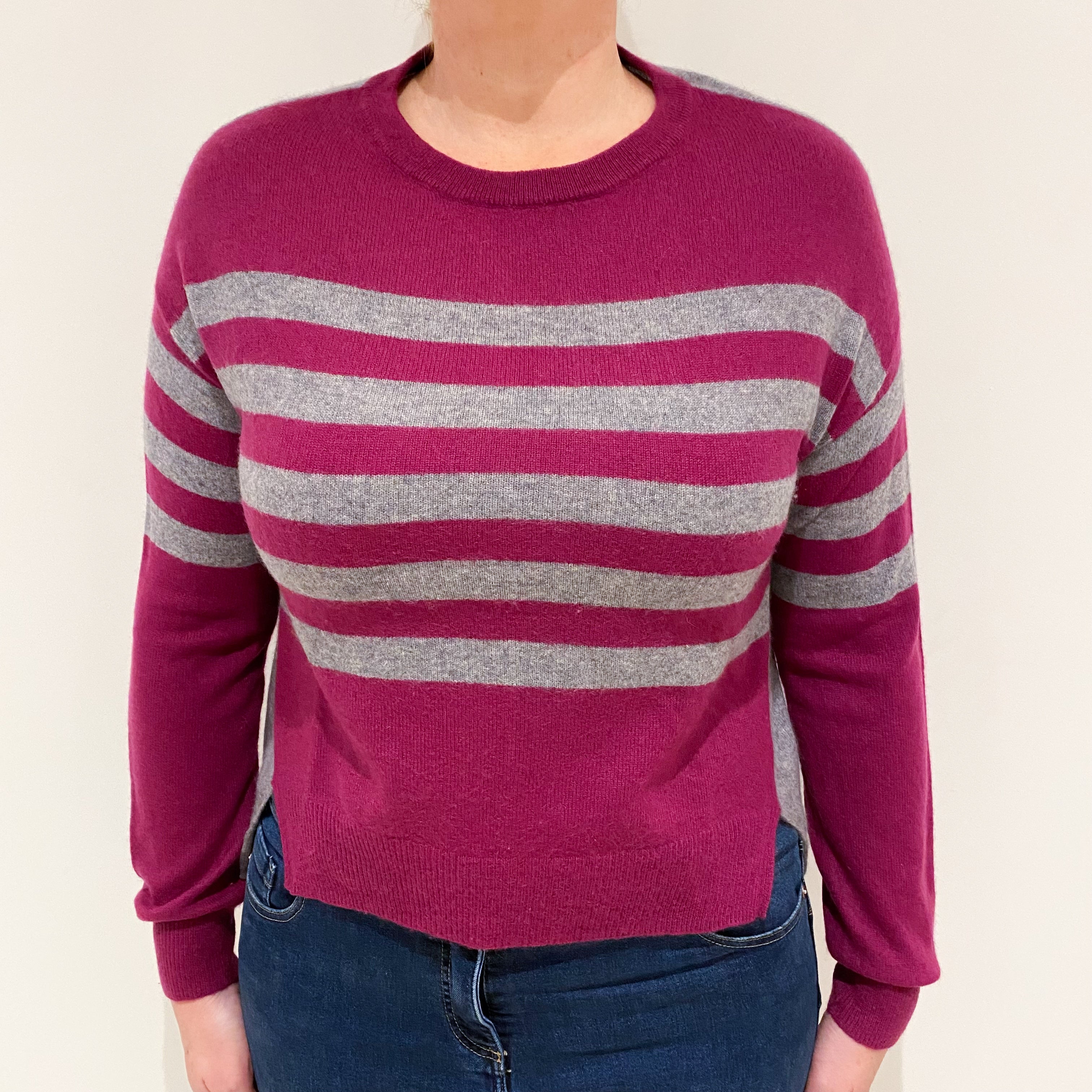 Plum Pink Grey Stripe Cashmere Crew Neck Jumper Large