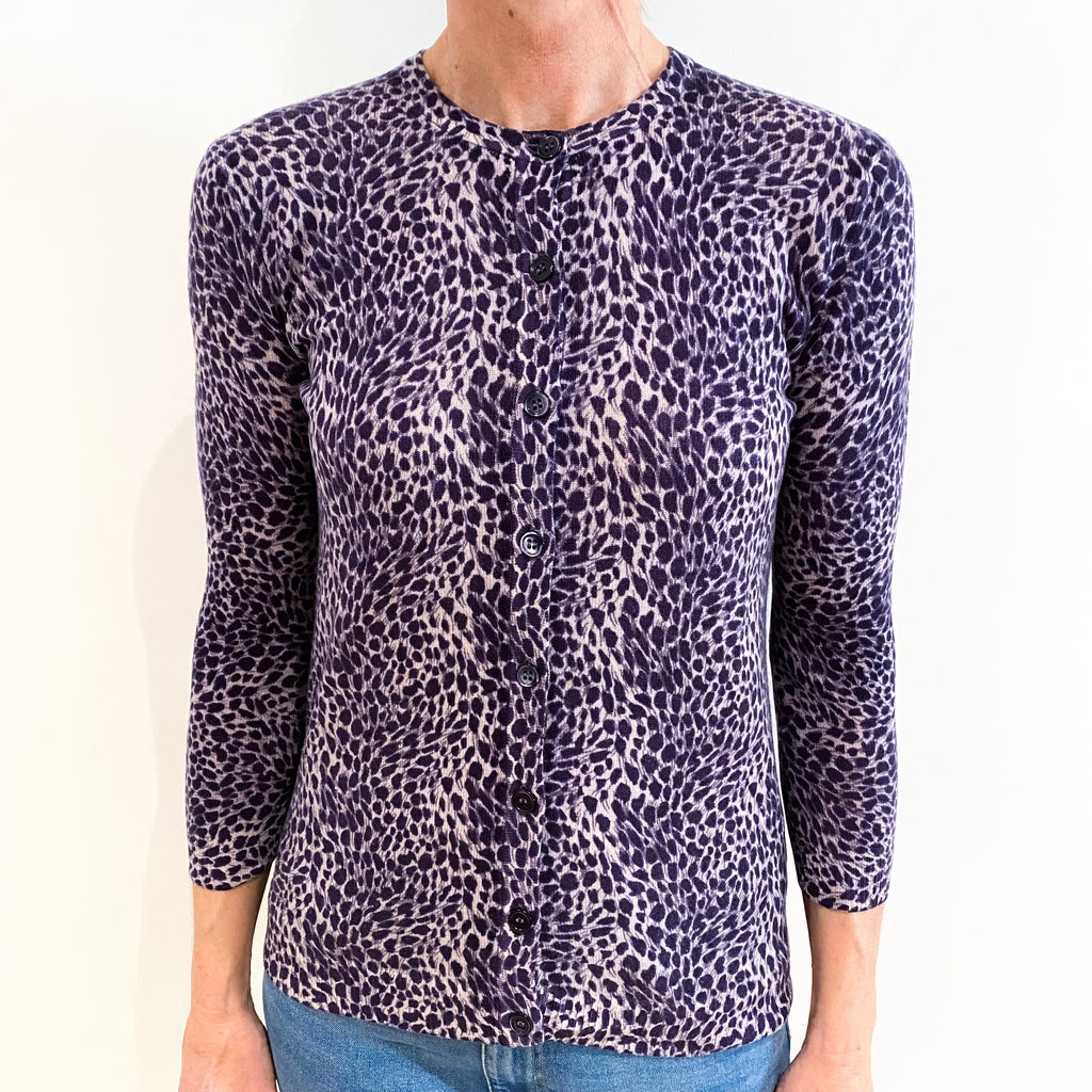 Purple Animal Print Cashmere Crew Neck Cardigan Small