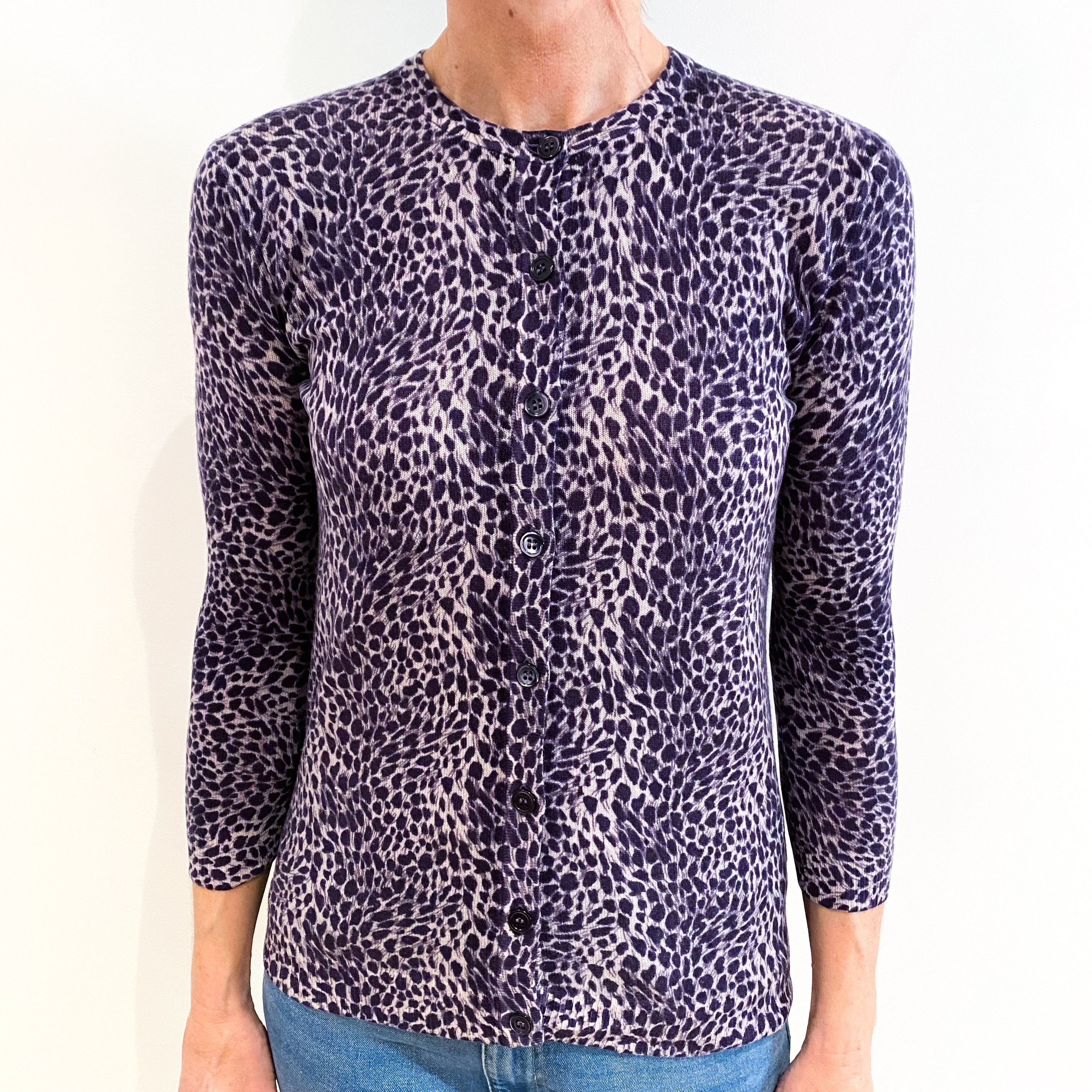 Purple Animal Print Cashmere Crew Neck Cardigan Small