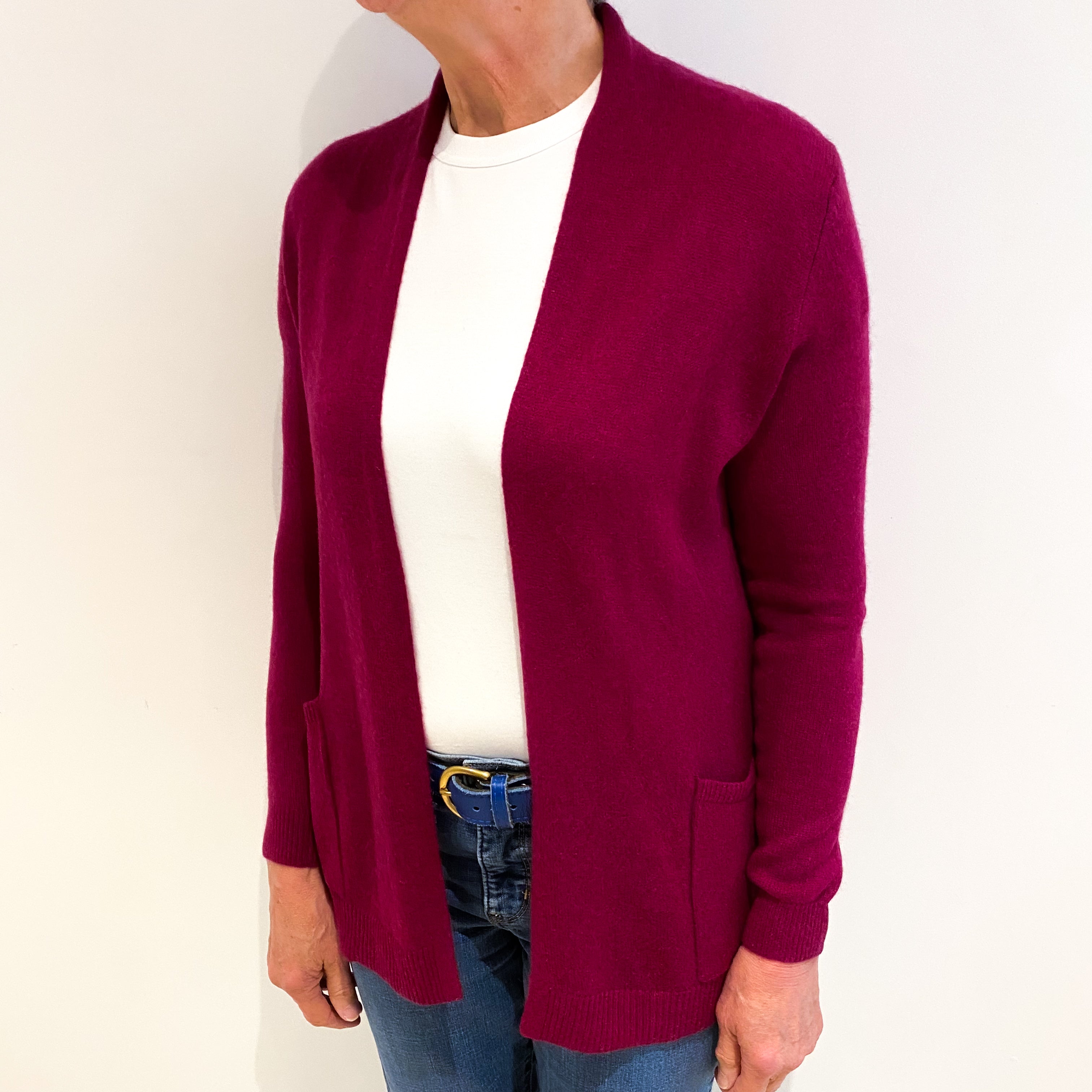 Magenta Purple Cashmere Edge To Edge Cardigan With Pockets Medium