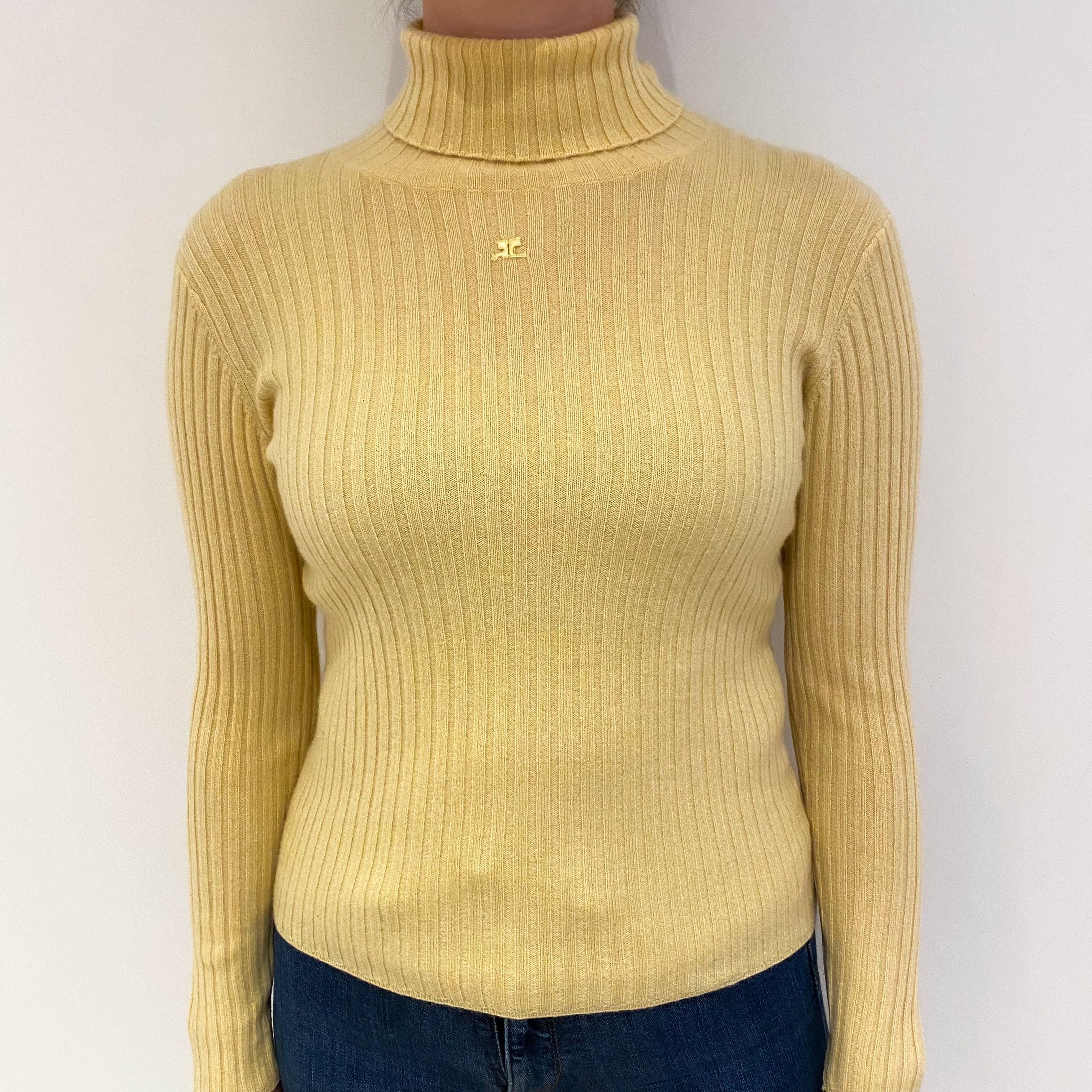 Custard Yellow Rib Cashmere Polo Neck Jumper Small