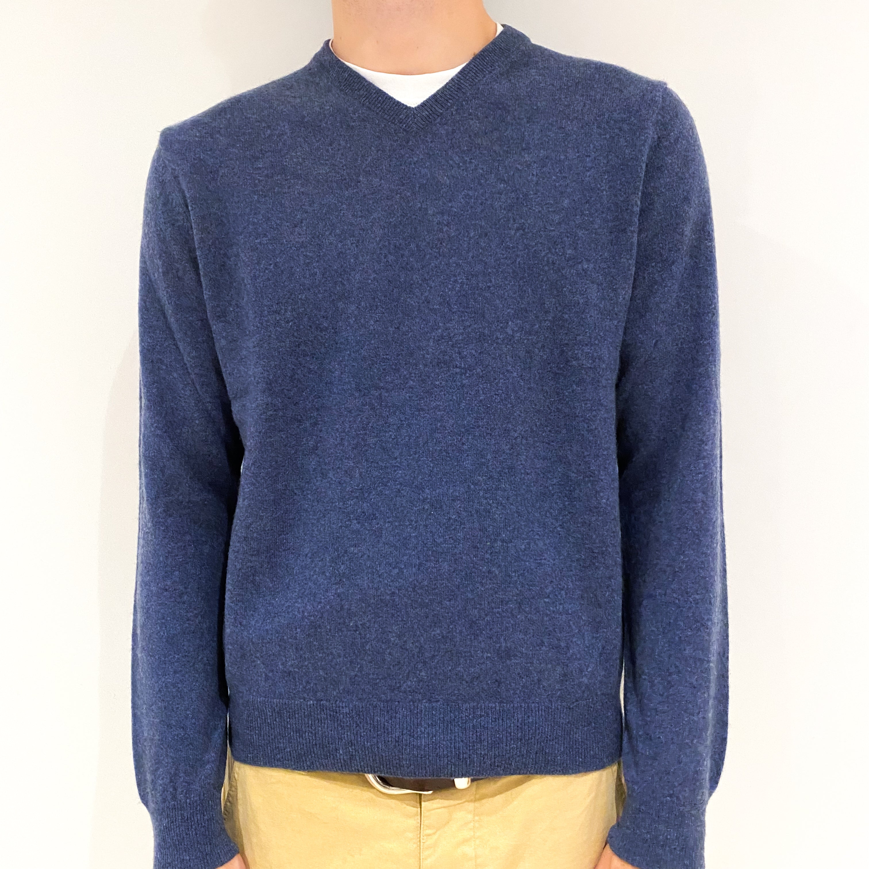 Men's Denim Blue Cashmere V-Neck Jumper Large
