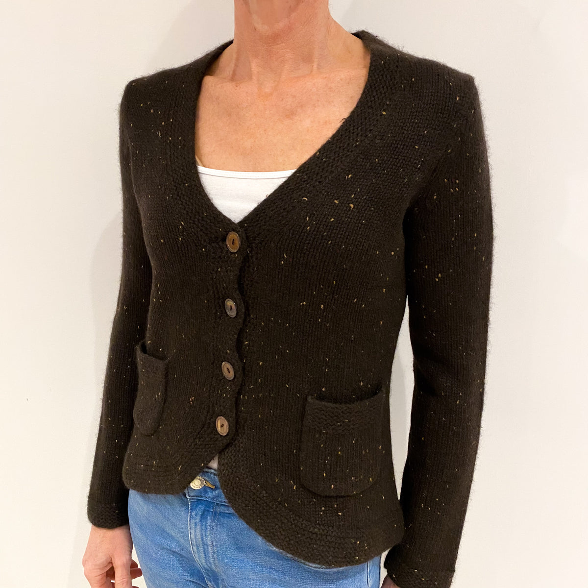 Chocolate Brown Marl Cashmere Chunky Collared Cardigan with Pockets Small