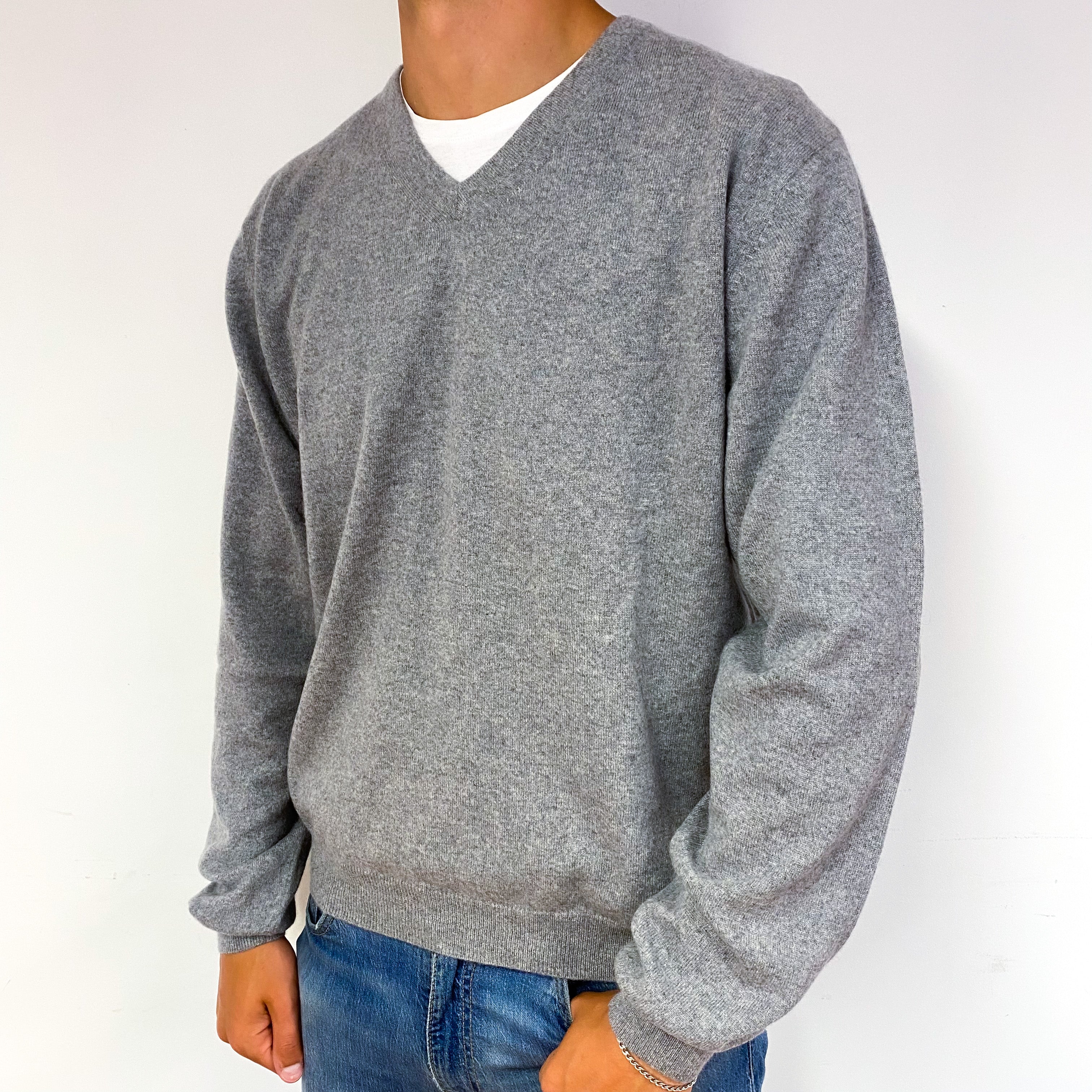 Men's Ash Grey Cashmere V-Neck Jumper Extra Extra Large