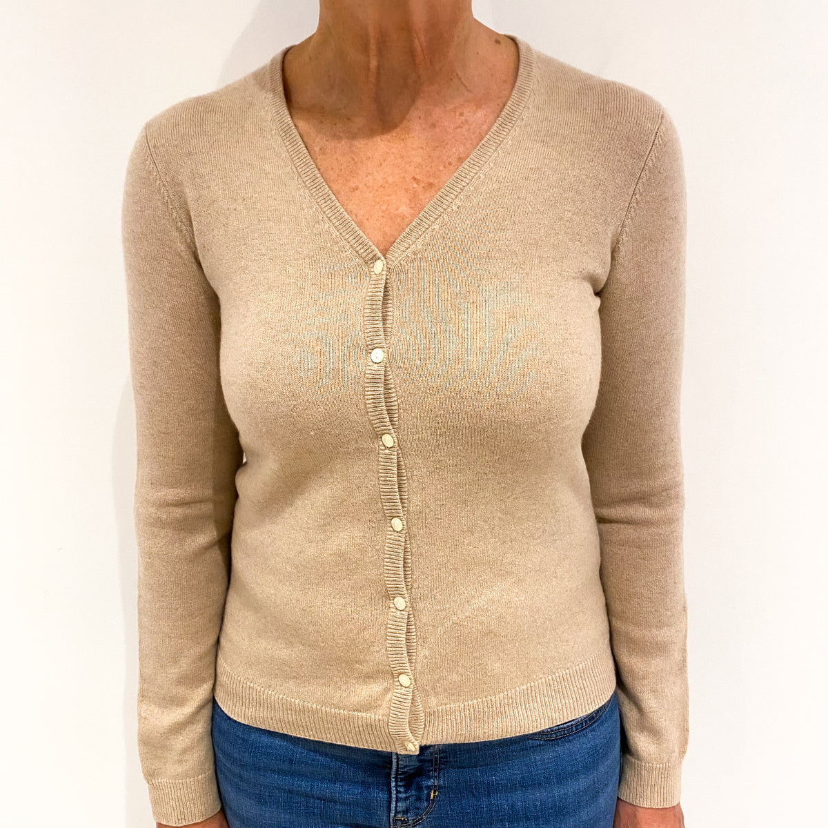 Biscuit Brown Cashmere V Neck Cardigan Medium