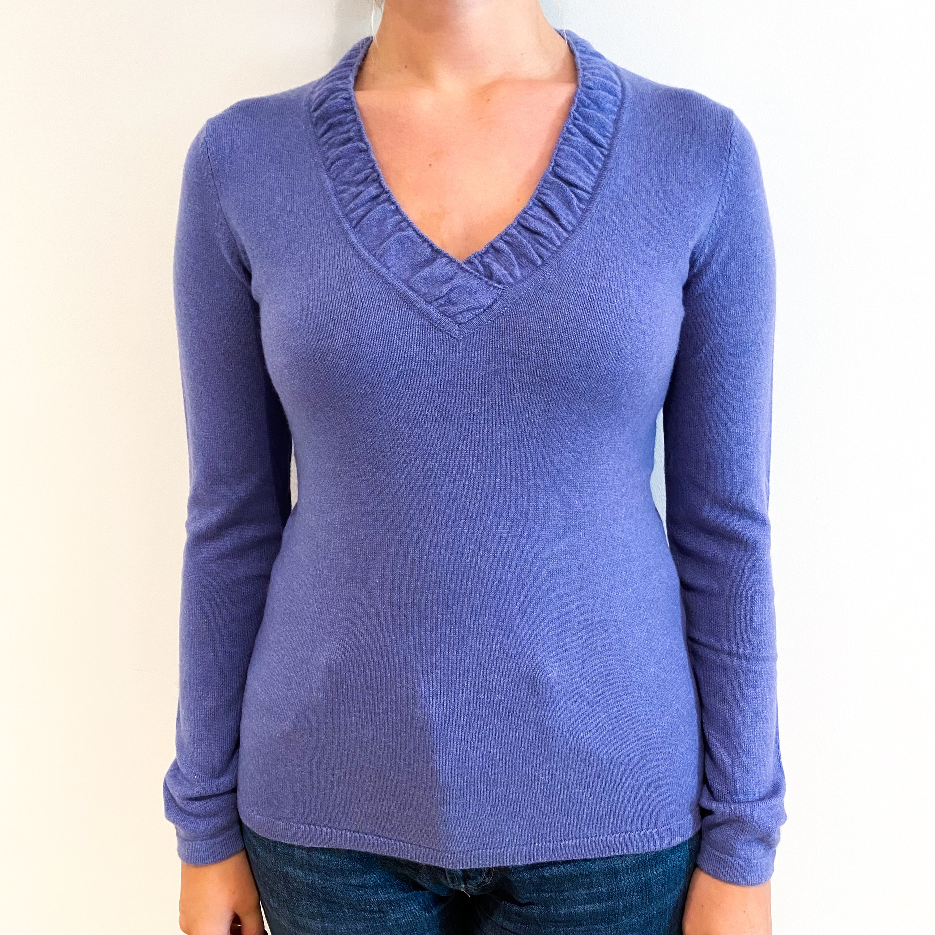 Bluebell Purple Cashmere Gathered V-Neck Jumper Small