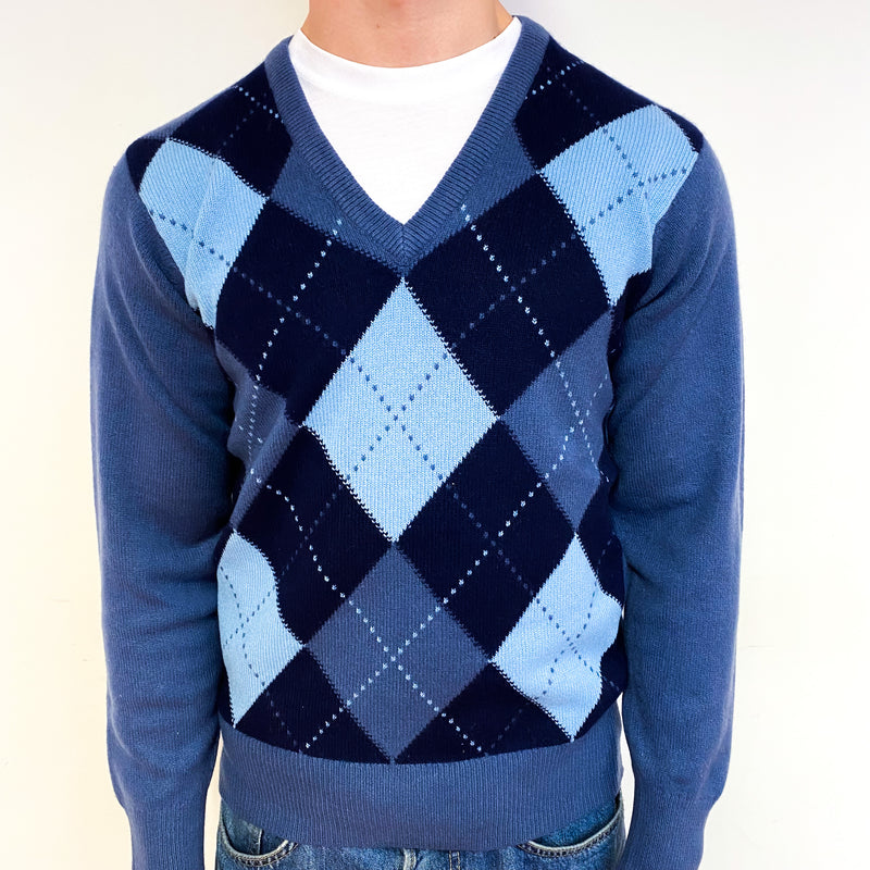 Men's Scottish Stone Blue Diamond Cashmere V-Neck Jumper Small