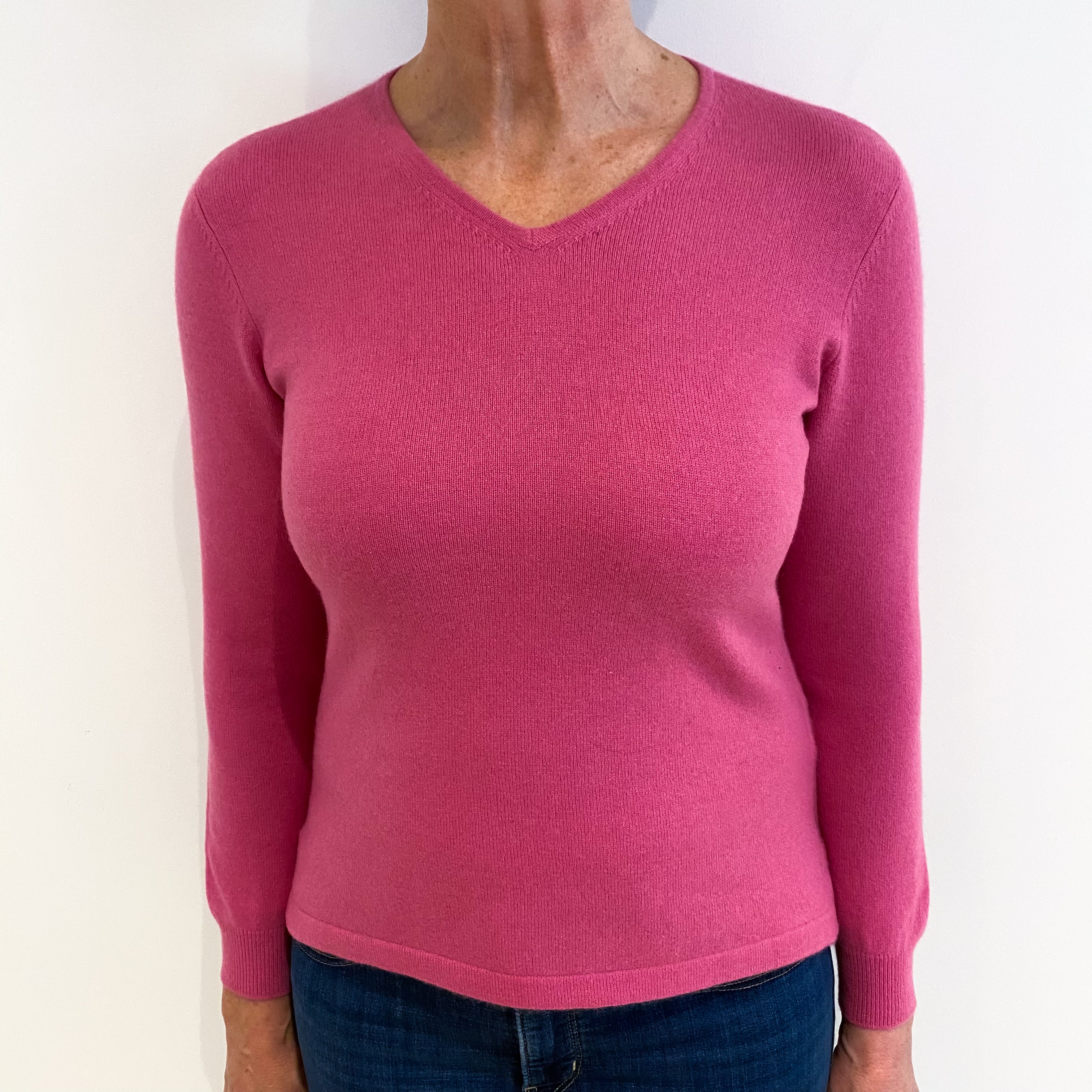 Loganberry Pink Cashmere V Neck Jumper Medium