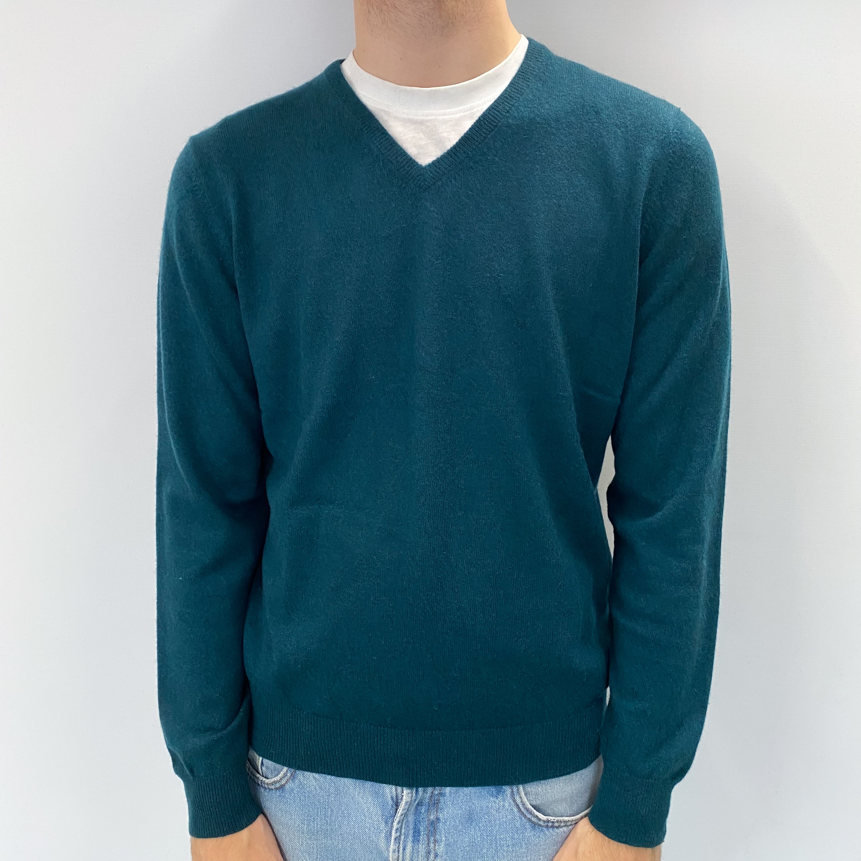 Men's Forest Green Cashmere V Neck Jumper Medium