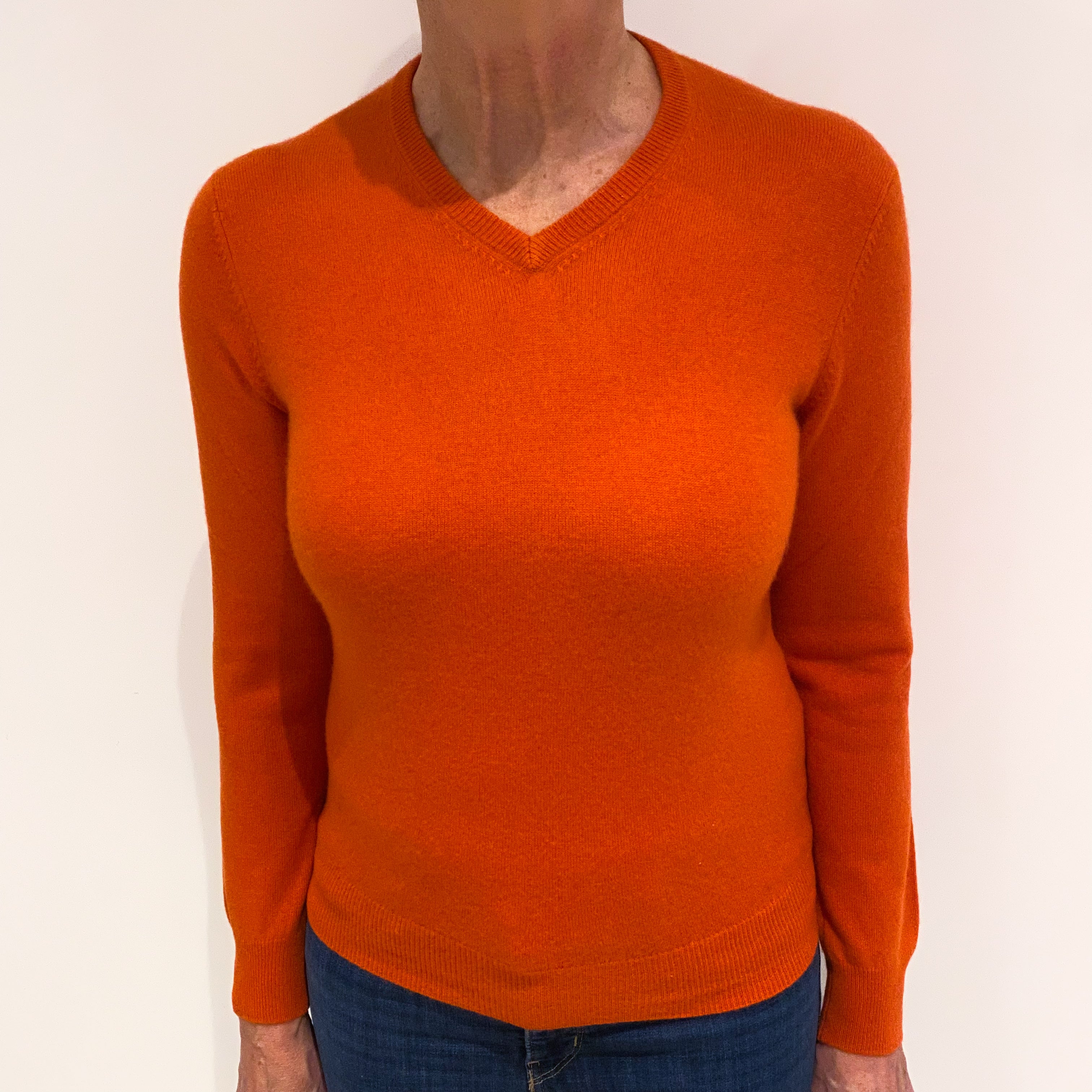 Tangerine Orange Cashmere V Neck Jumper Medium