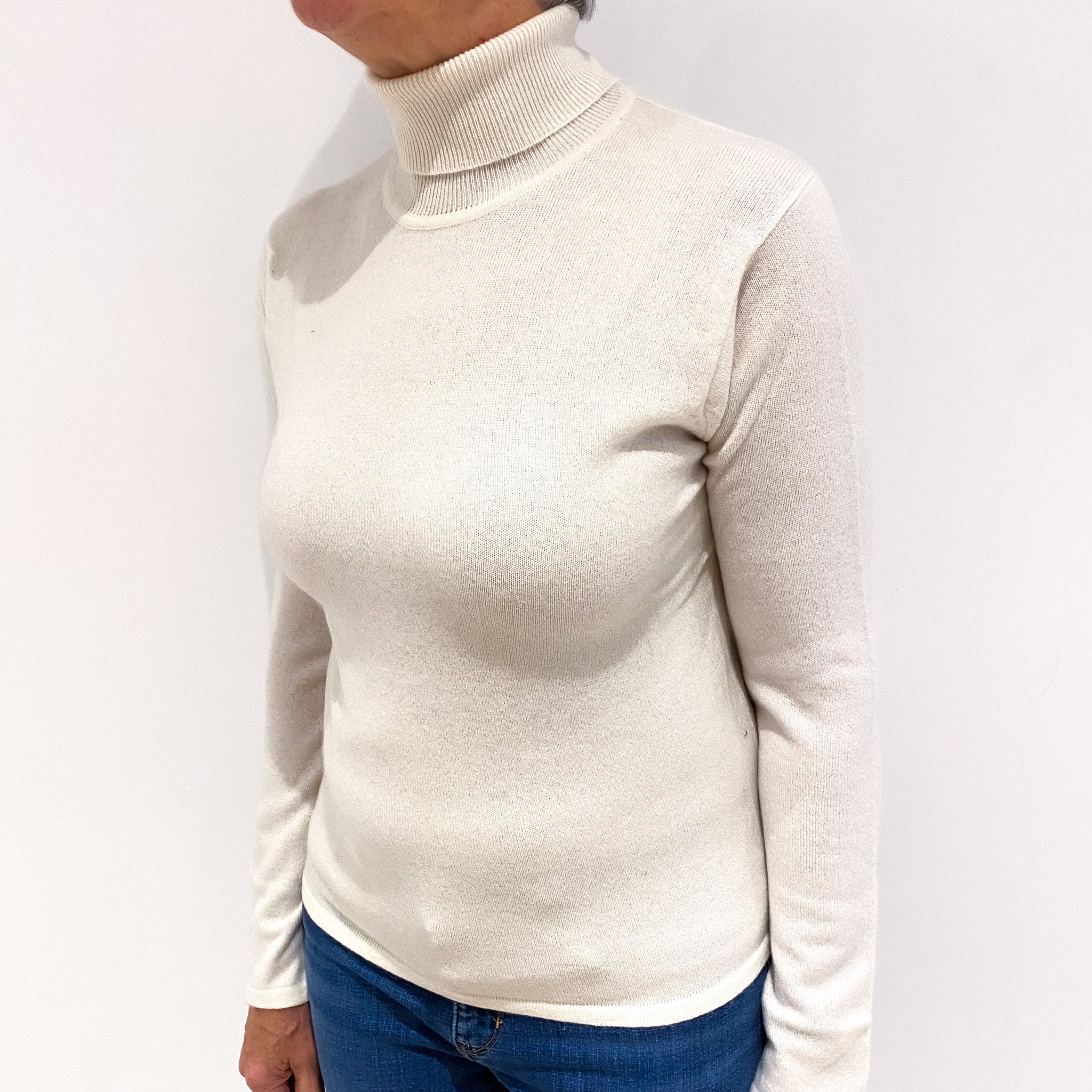 Ivory Cashmere Polo Neck Jumper Medium