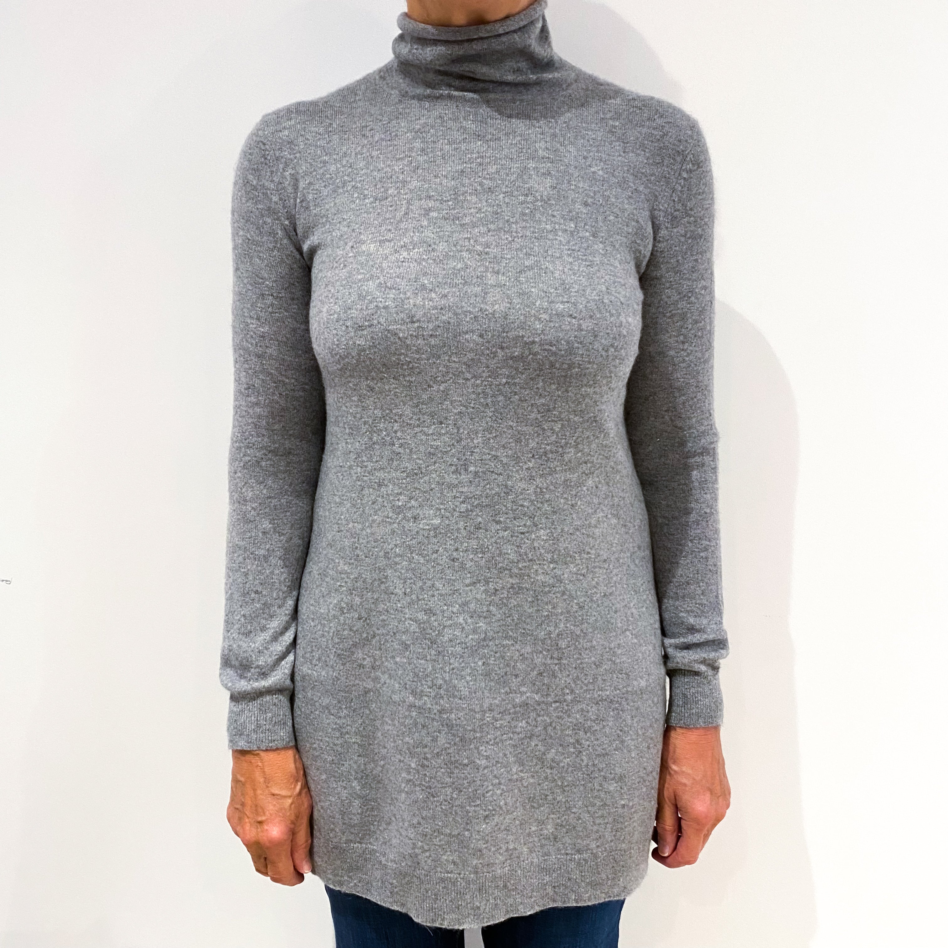 Smoke Grey Cashmere Funnel Neck Tunic Jumper