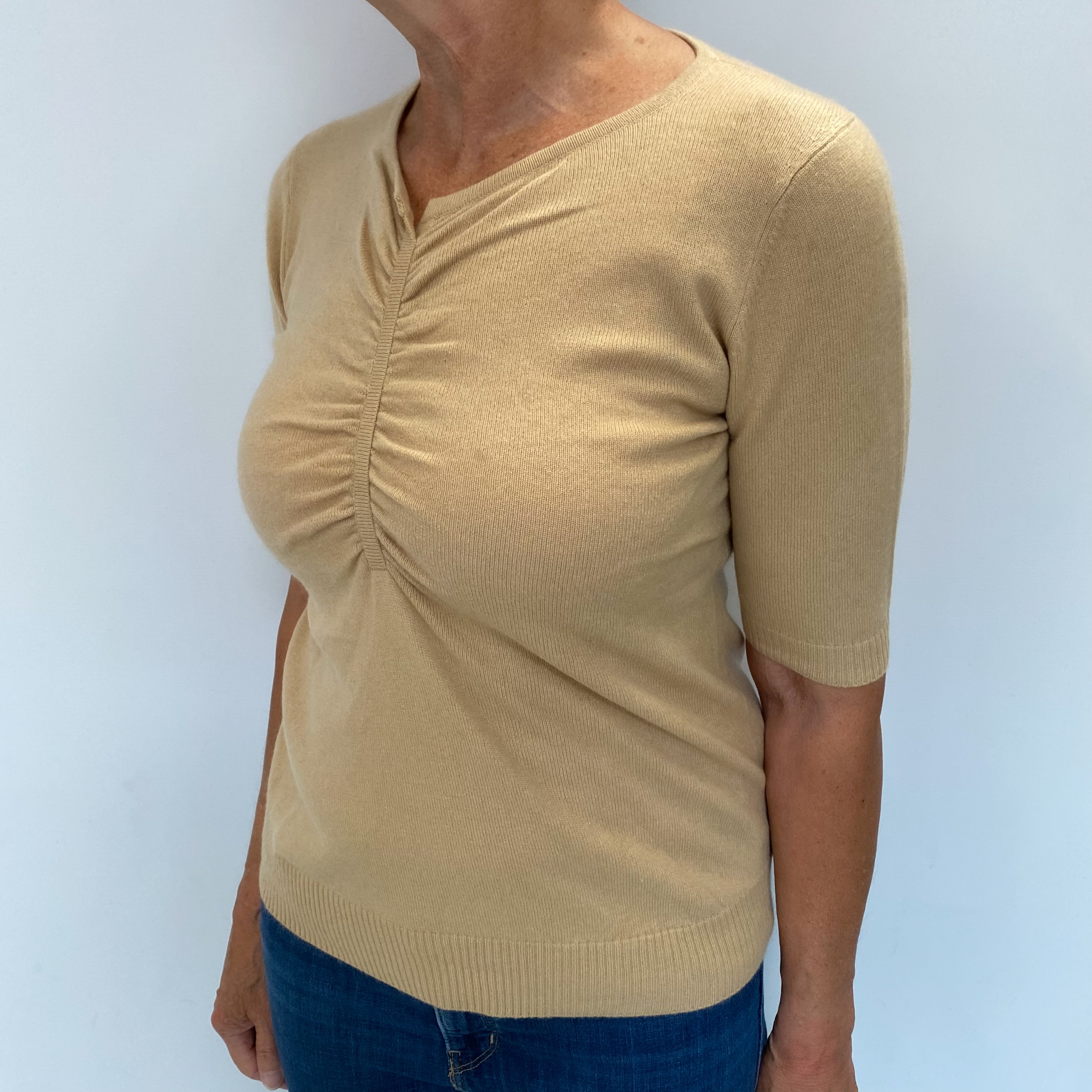 Camel Brown Cashmere Short Sleeved V Neck Jumper Medium