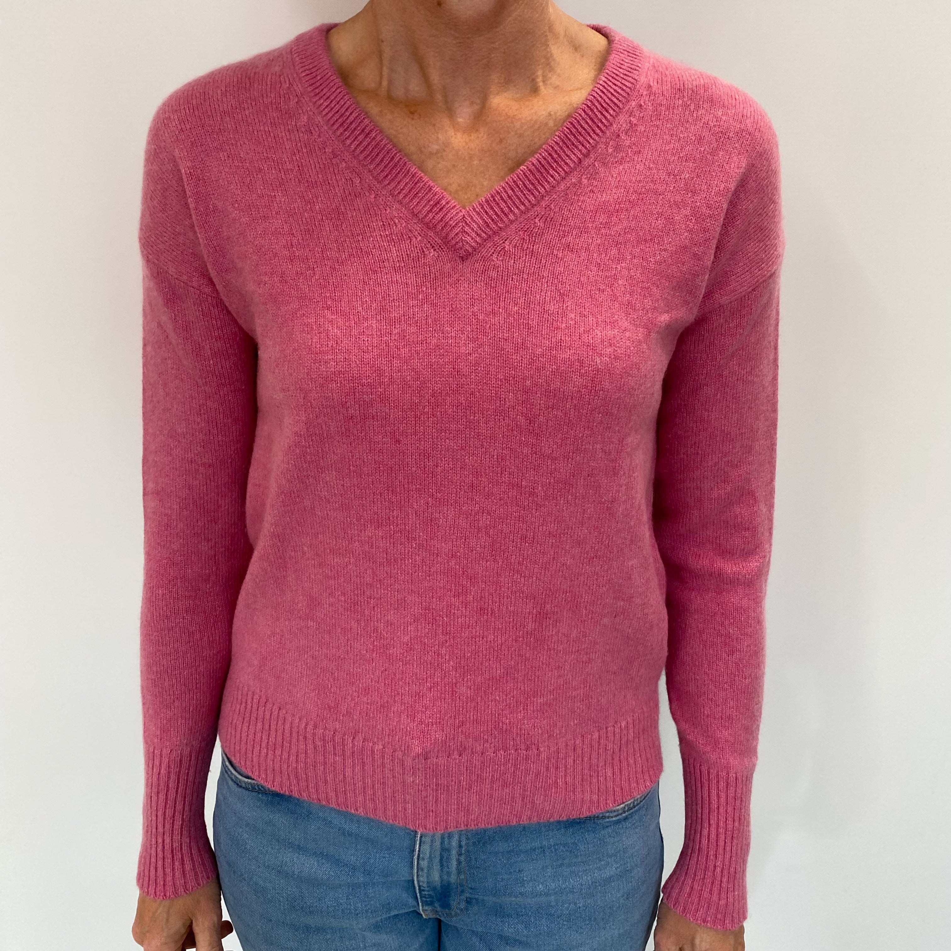 Loganberry Pink Cashmere V Neck Jumper Small