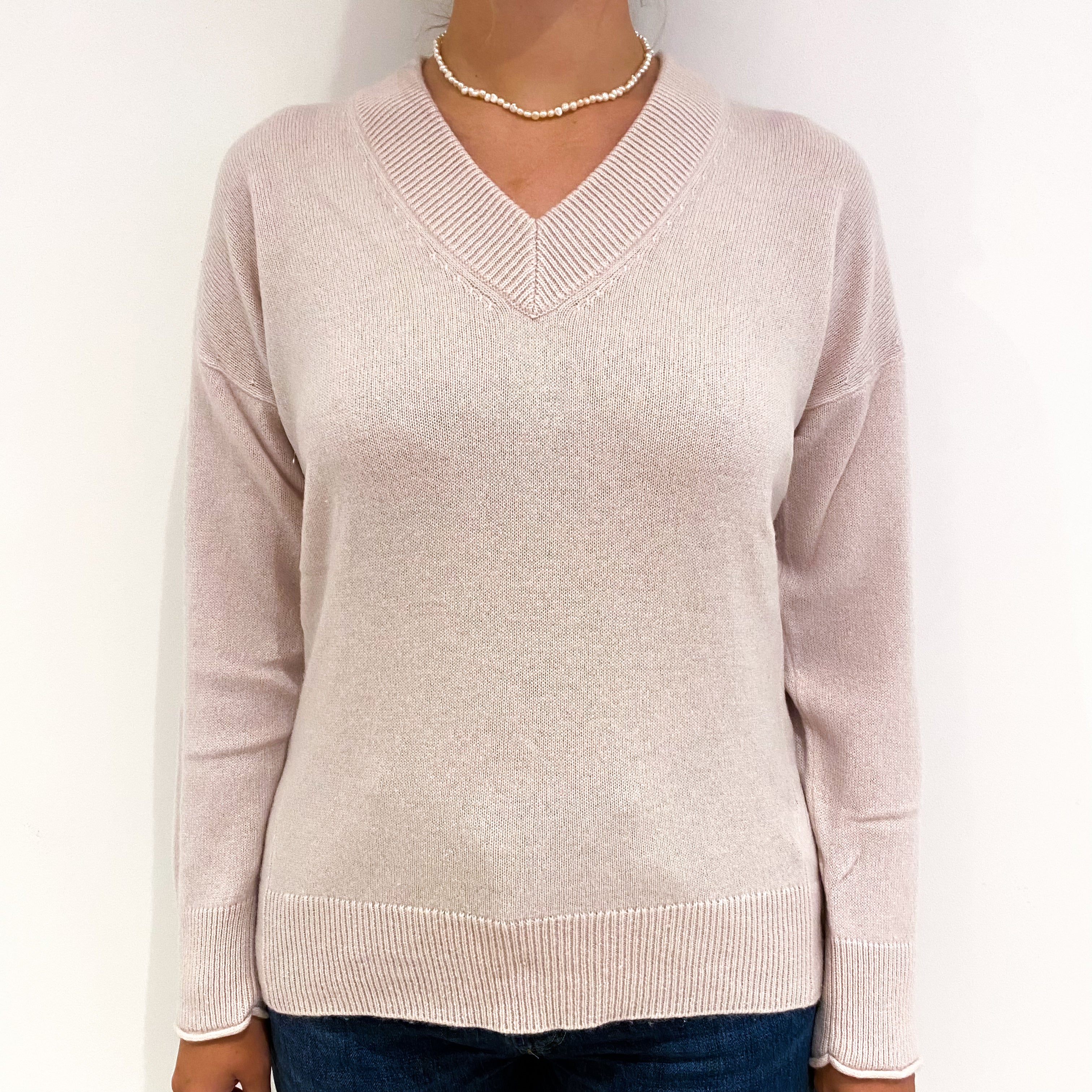 Ice Pink Slouchy Cashmere V-Neck Jumper Small