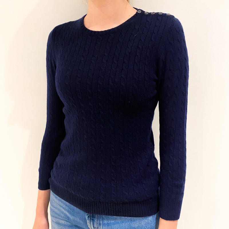 Navy Blue Cable Knit Cashmere Crew Neck Jumper Extra Small