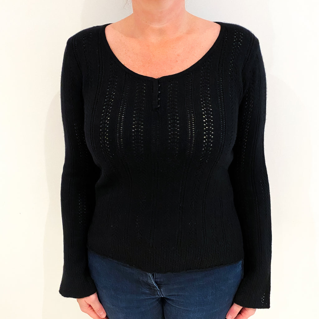 Black Cashmere Lace Knit Scoop Neck Jumper Large