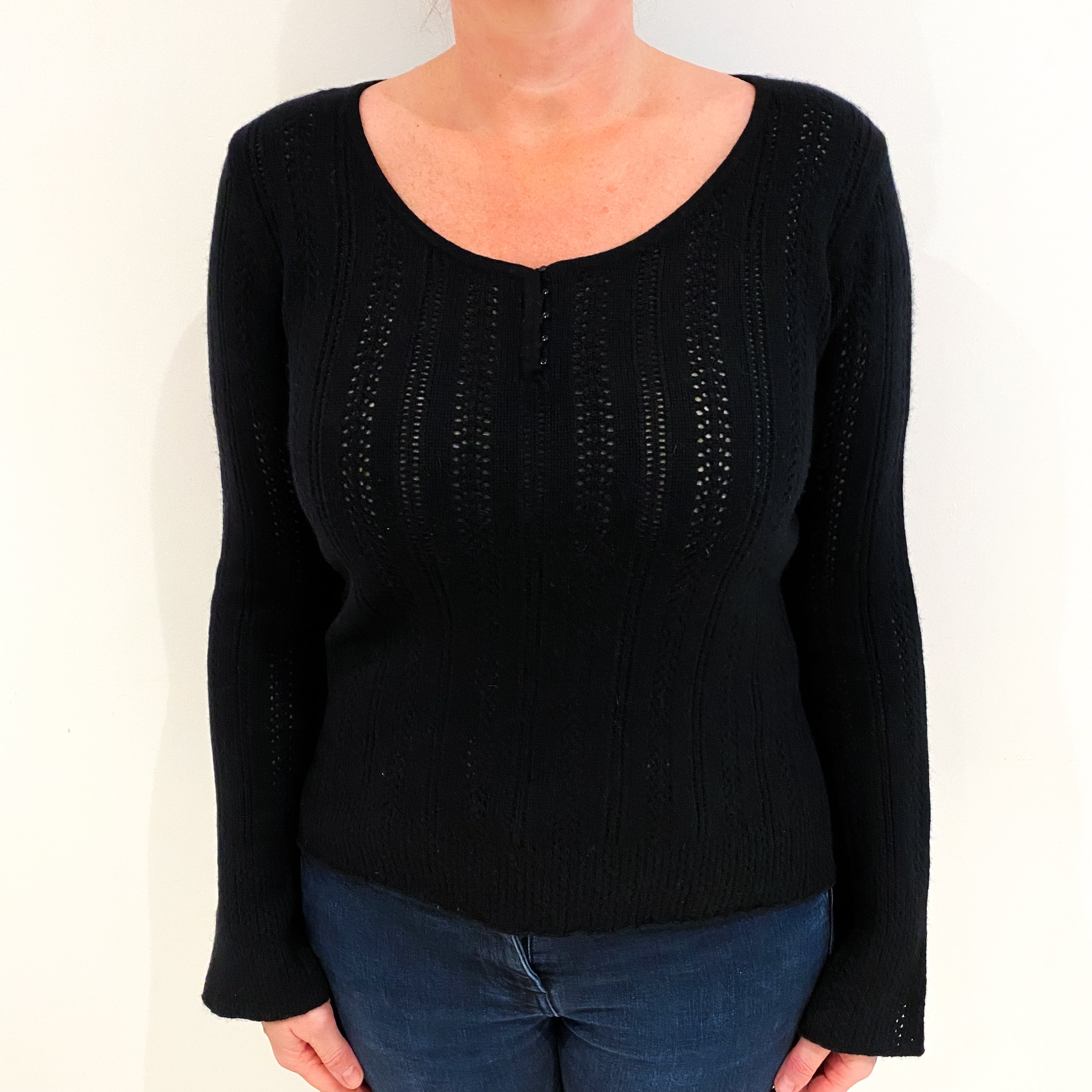 Black Cashmere Lace Knit Scoop Neck Jumper Large