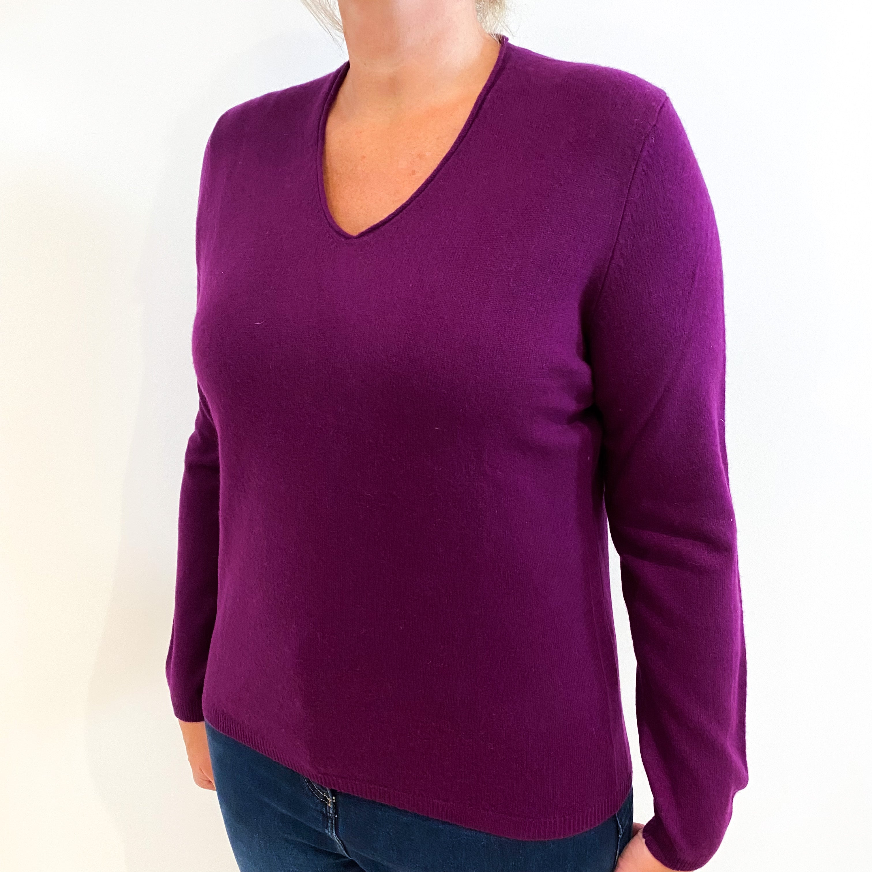 Plum Purple Cashmere V-Neck Jumper Large