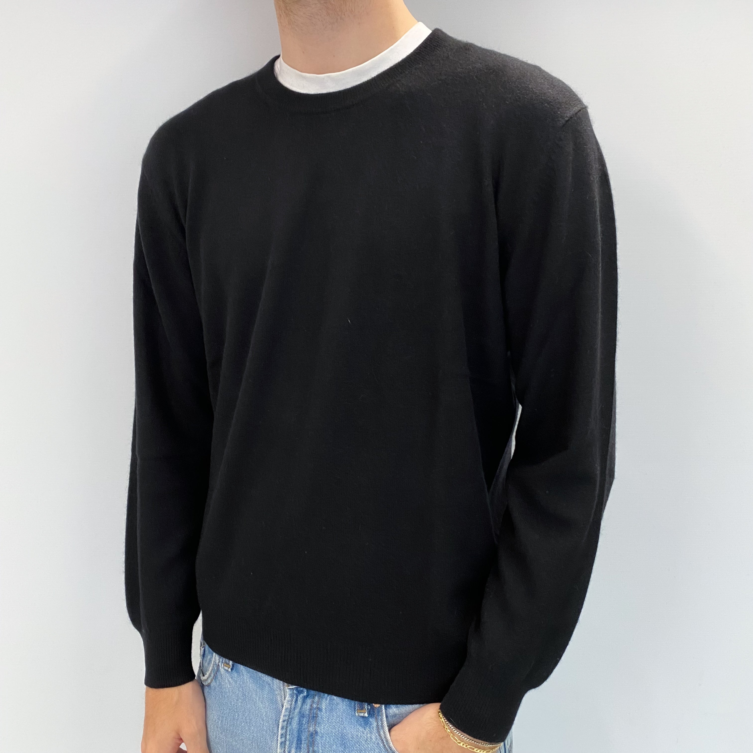 Men's Black Cashmere Crew Neck Jumper Large
