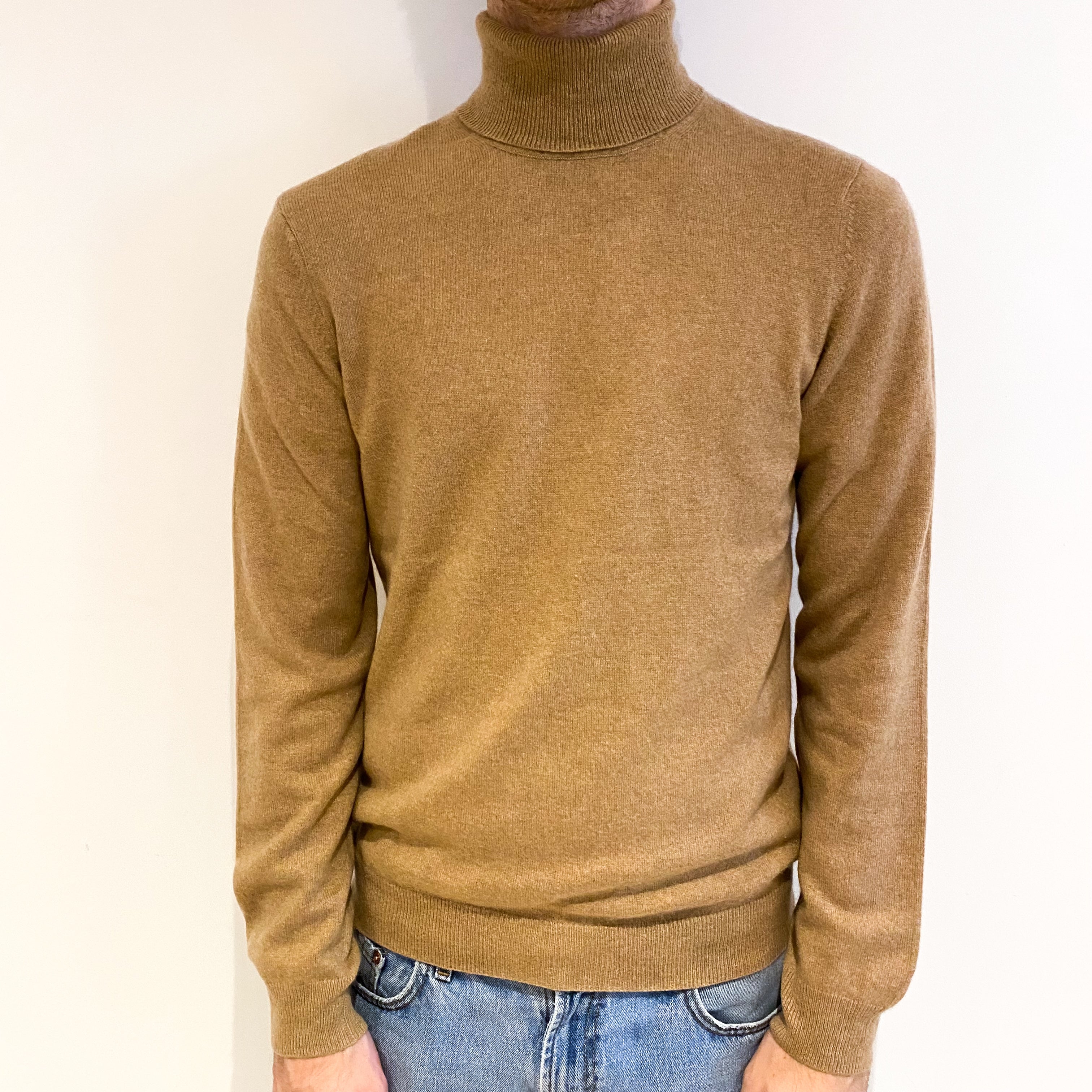 Men's Butterscotch Beige Cashmere Polo Neck Jumper Large