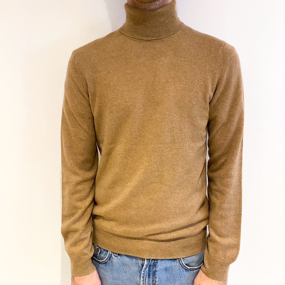 Men's Butterscotch Beige Cashmere Polo Neck Jumper Large