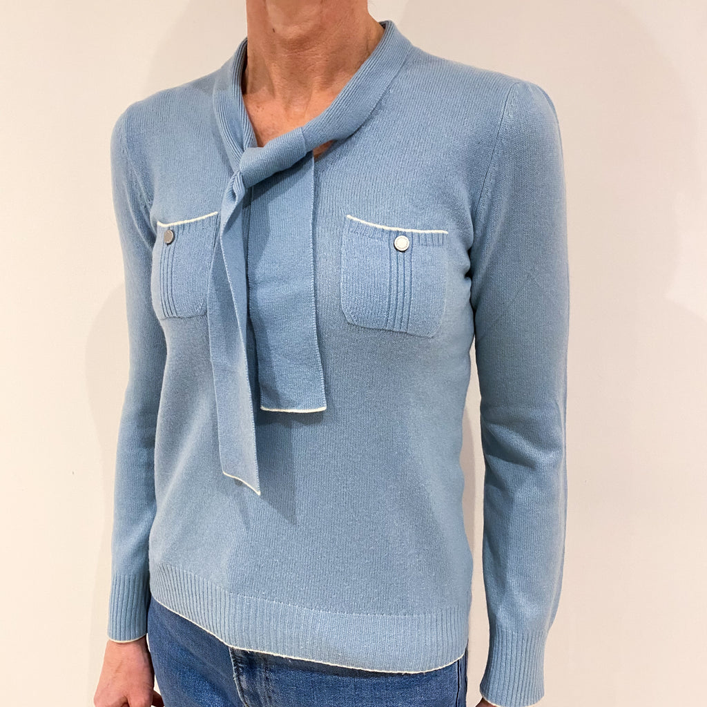 Opal Blue Cashmere Neck Tie Jumper with Pockets Small