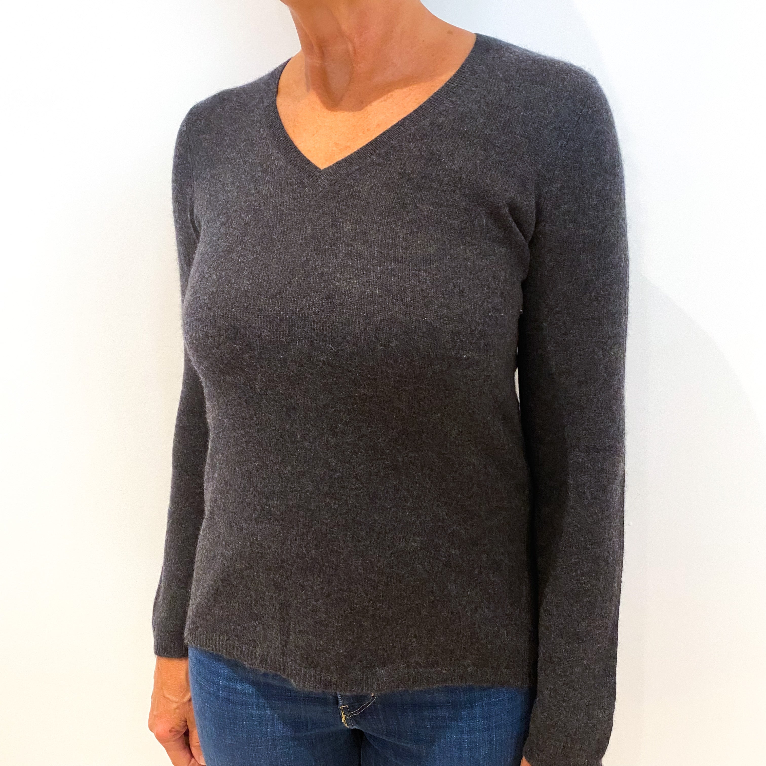 Slate Grey Cashmere V-Neck Jumper Medium