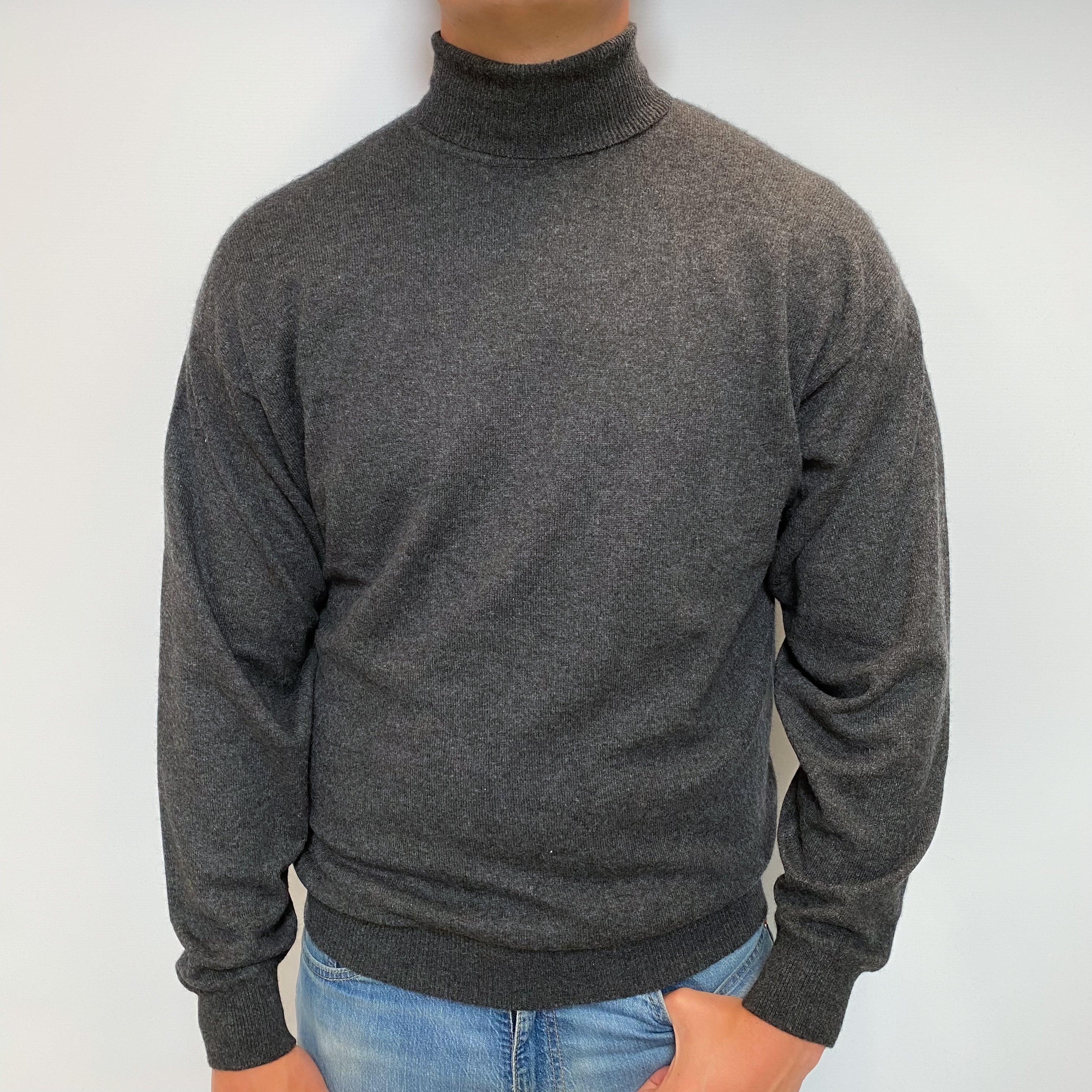 Men's Charcoal Grey Cashmere Polo Neck Jumper XL