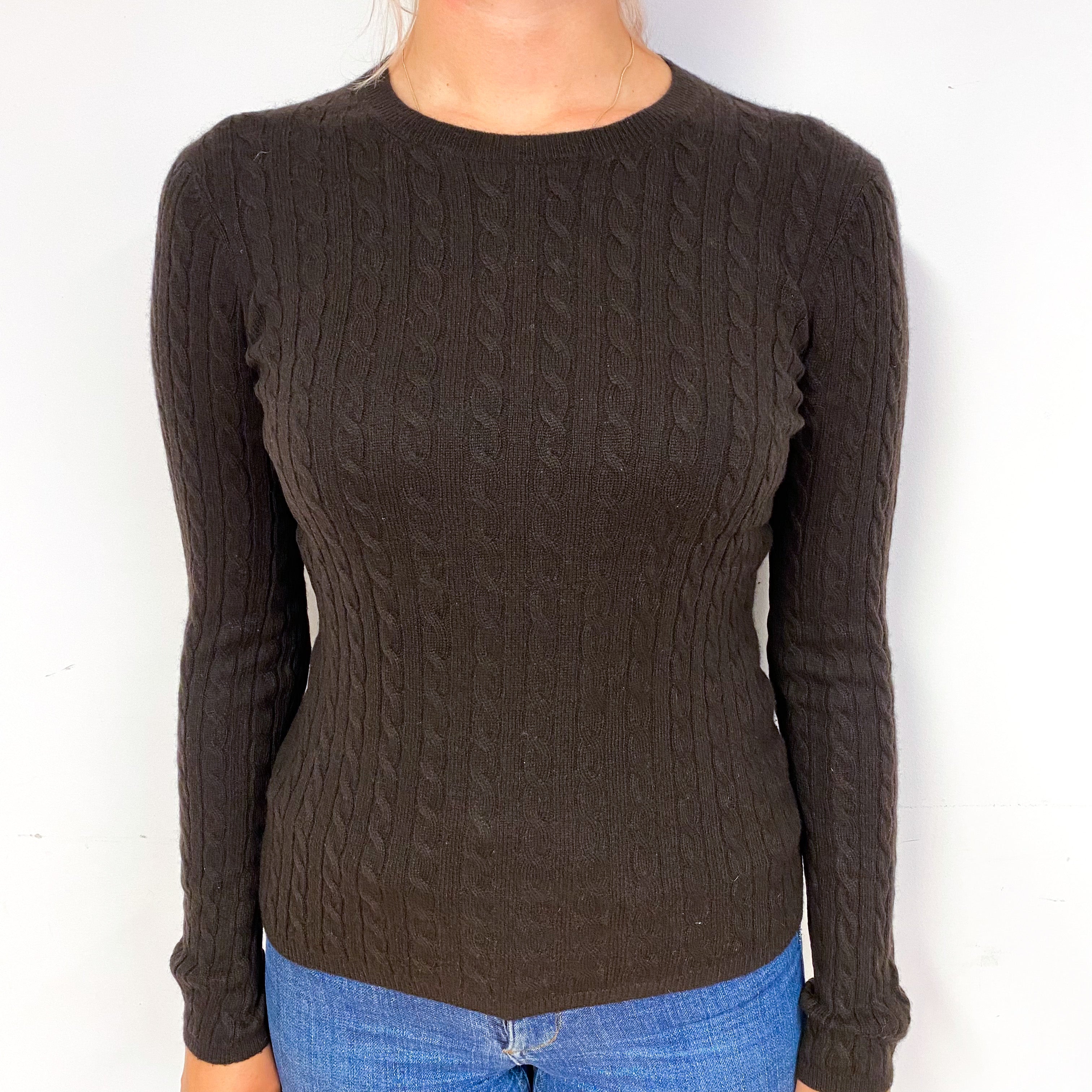Peppercorn Brown Cable Cashmere Crew Neck Jumper Small