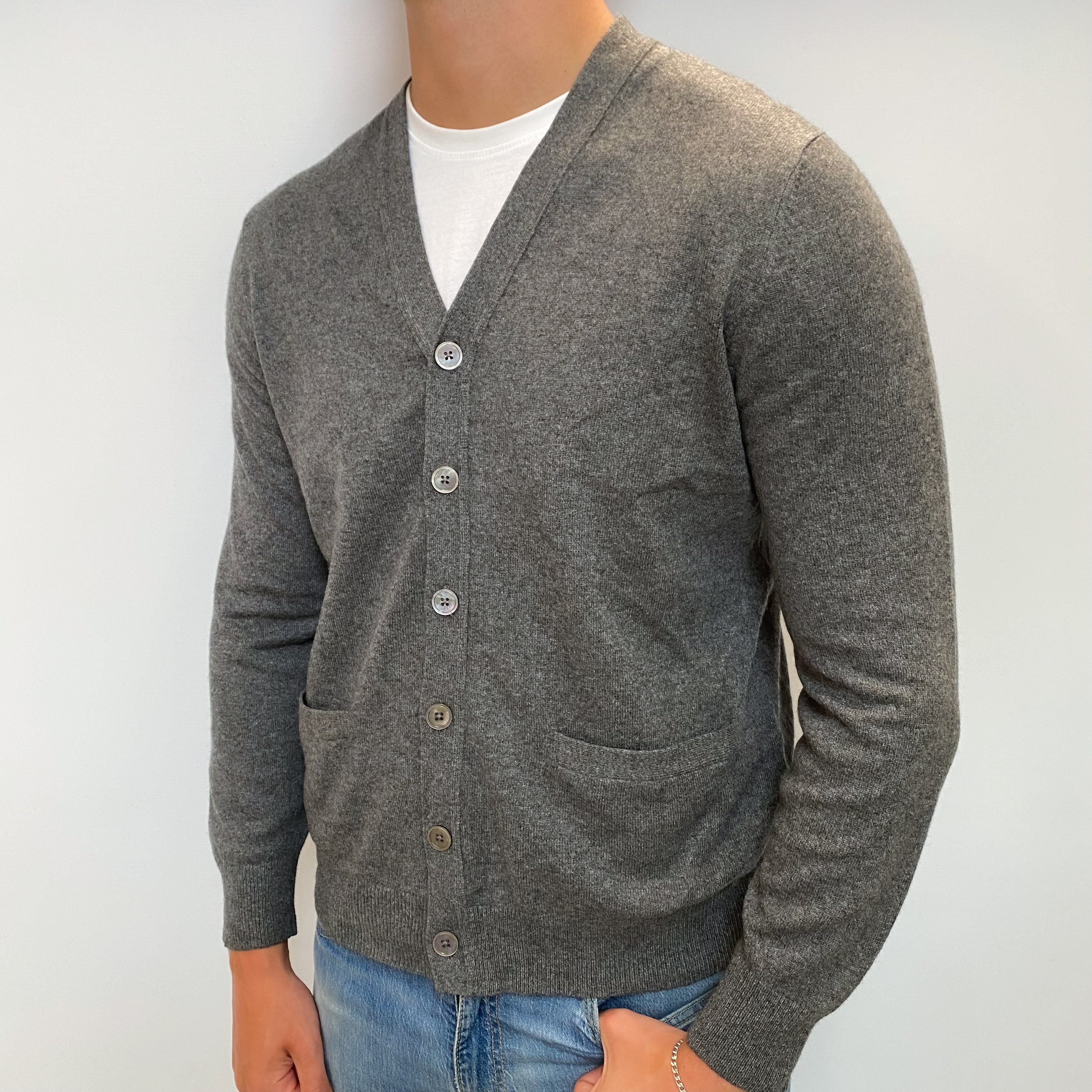 Men's Slate Grey Cashmere V Neck Cardigan XL