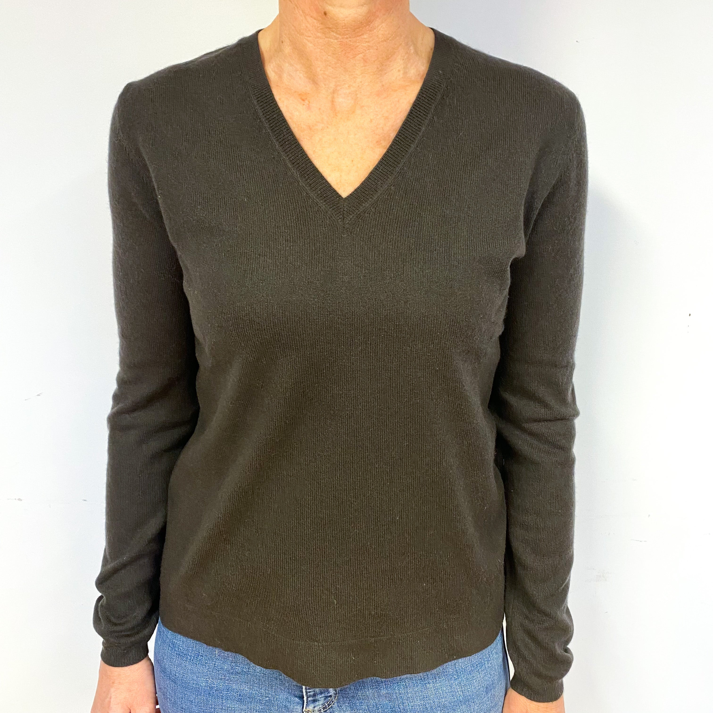 Chocolate Brown Cashmere V-Neck Jumper Medium
