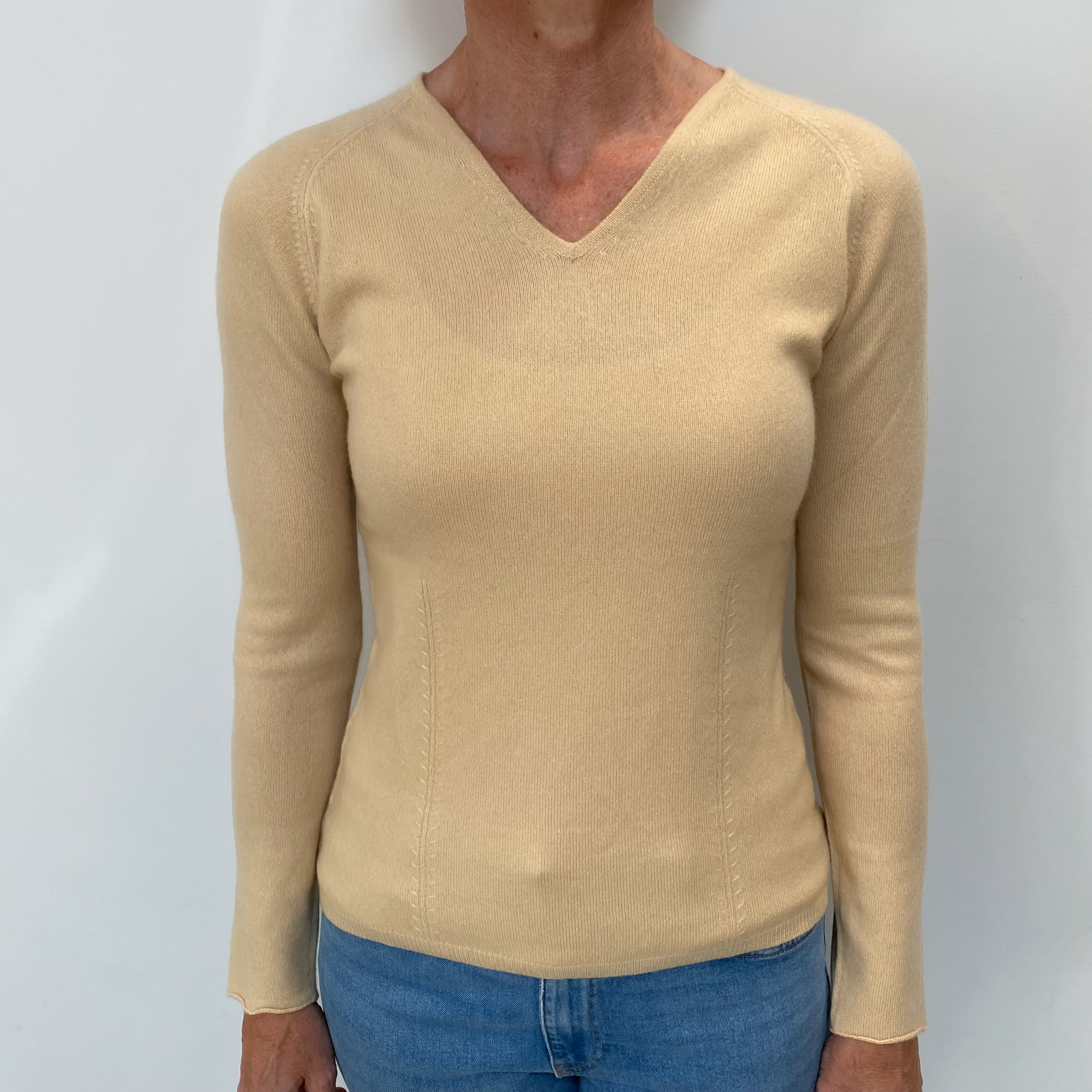 Sand Beige Cashmere V Neck Jumper Small