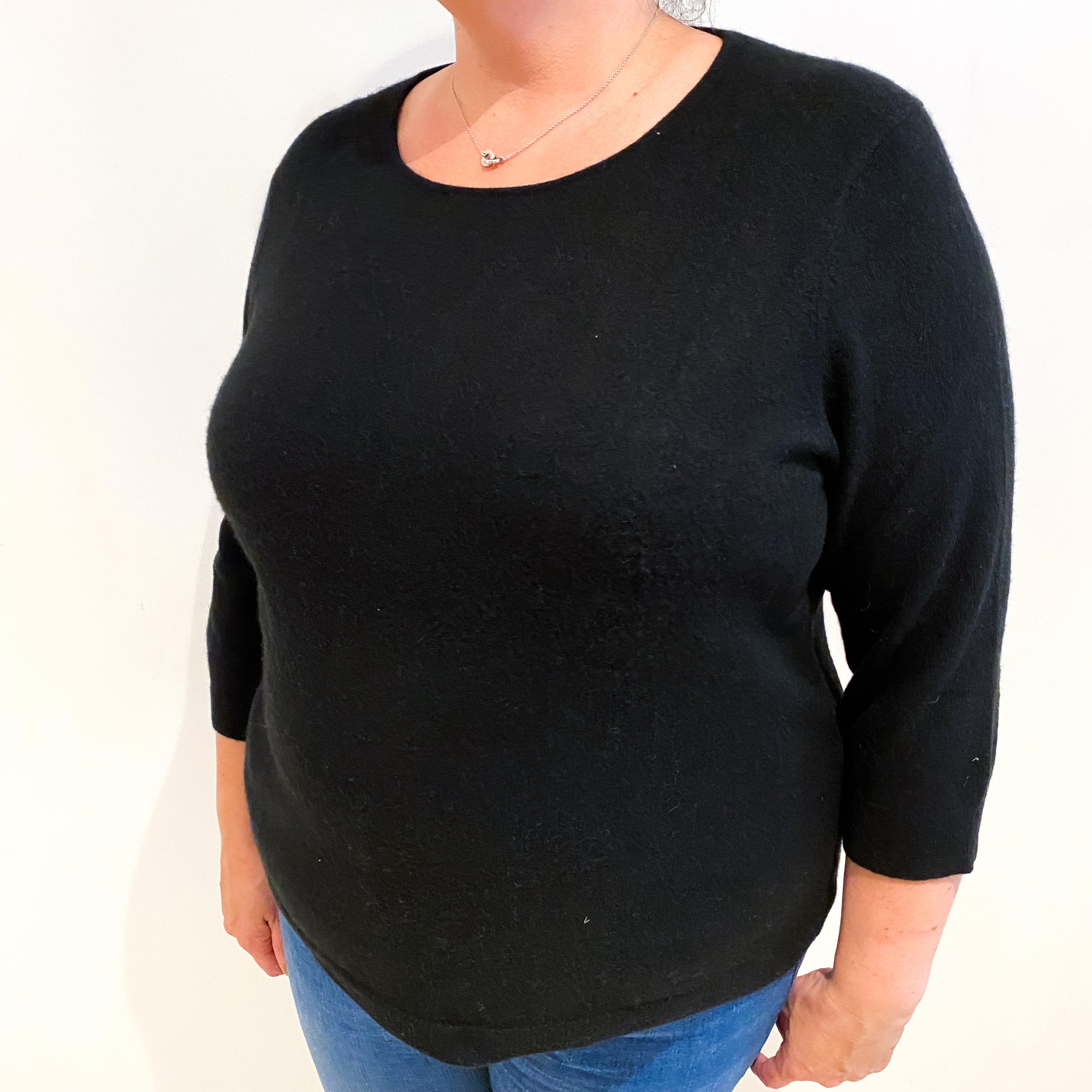 Black Cashmere 3/4 Sleeve Scoop Neck Jumper Extra Large