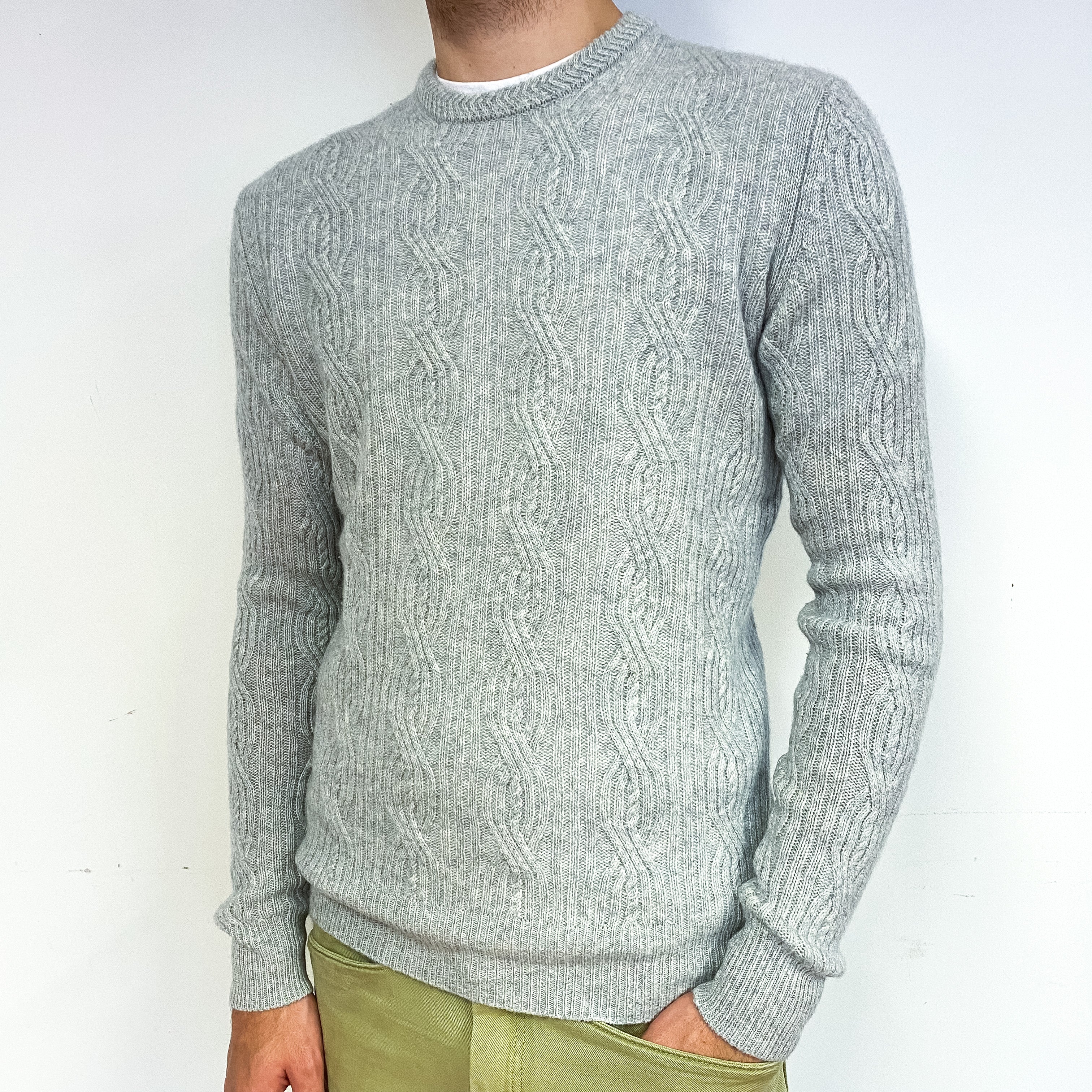 Men's Smoke Grey Cable Cashmere Crew Neck Jumper Medium/Tall