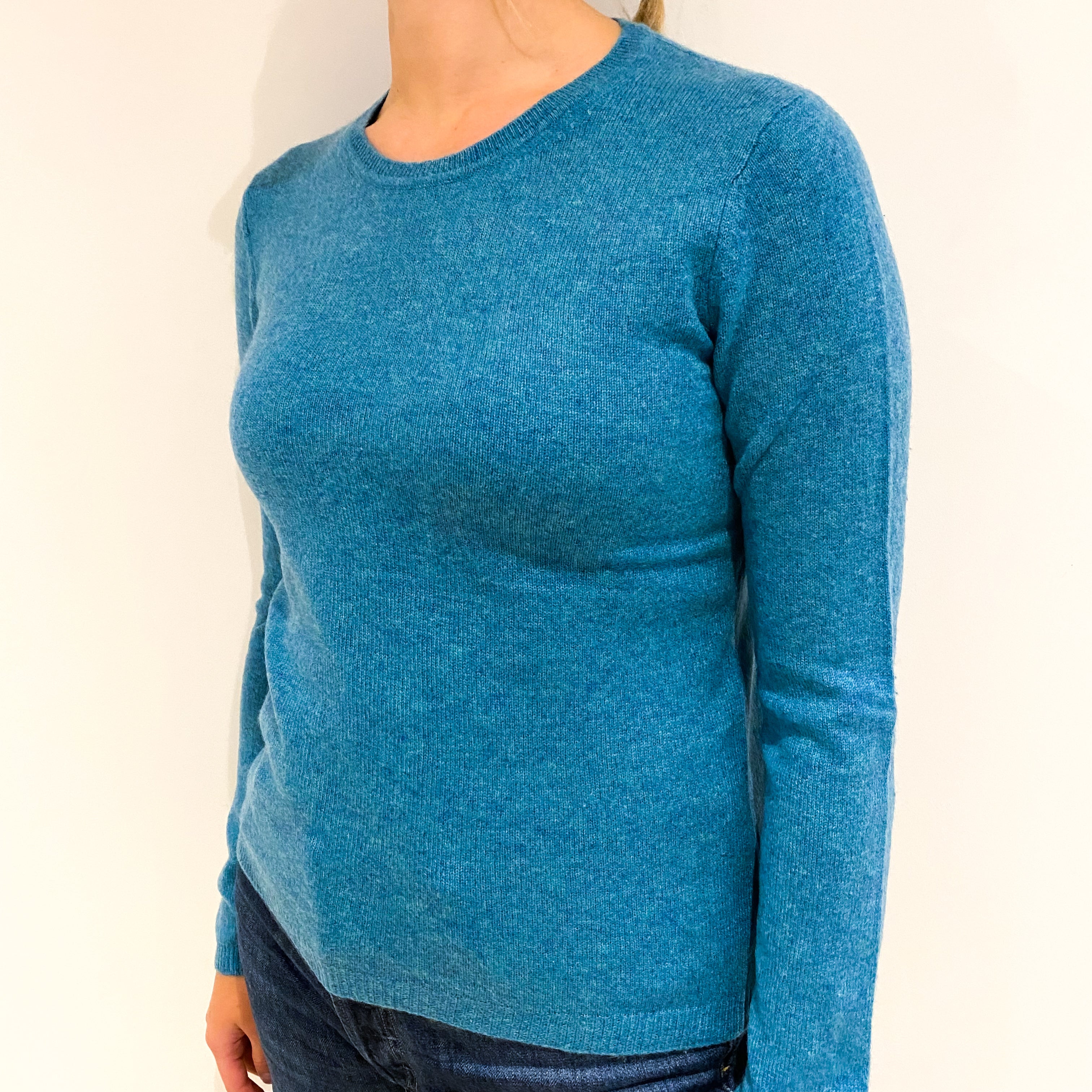 Aqua Blue Marl Lightweight Cashmere Crew Neck Jumper Small