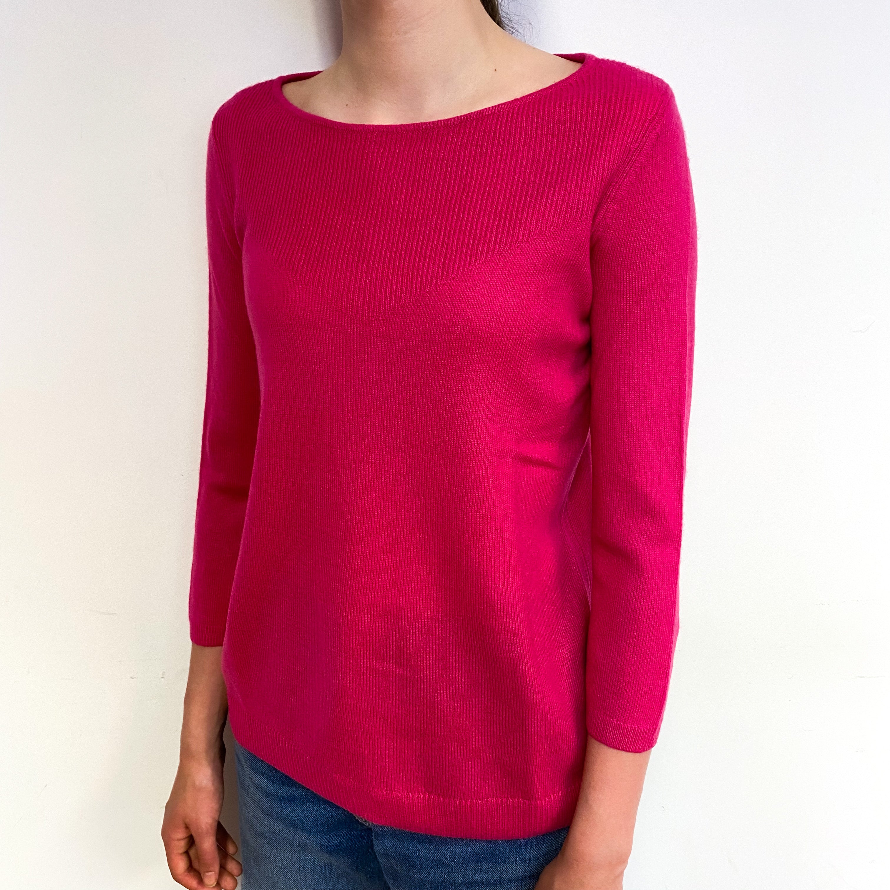 Fuchsia Pink 3/4 Sleeve Cashmere Crew Neck Jumper Extra Small