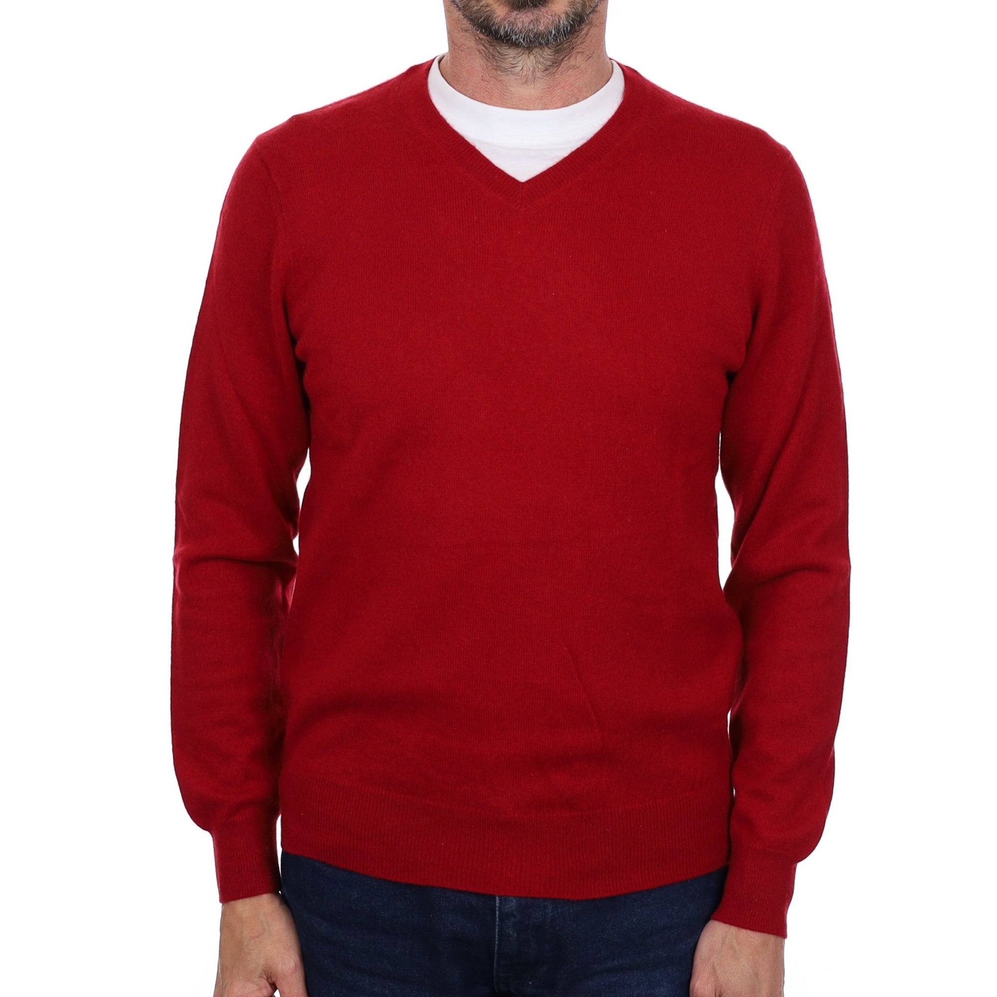 Men's Crimson Red Cashmere V Neck Jumper Small