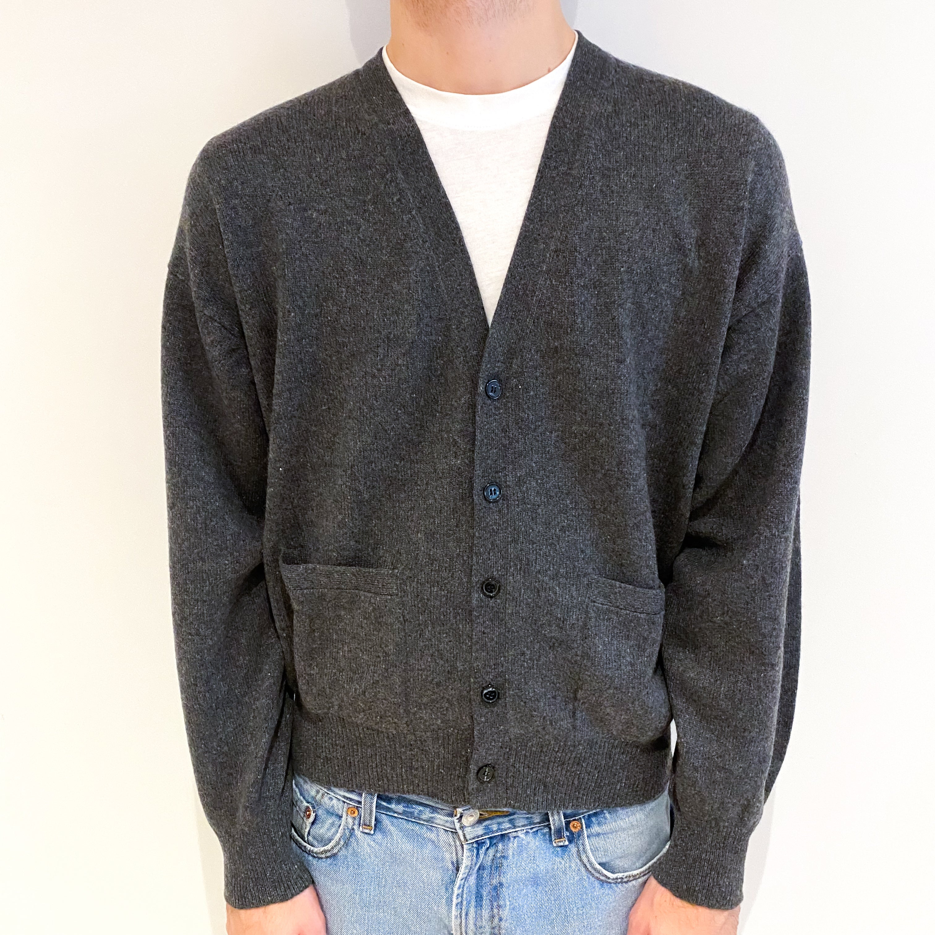 Men's Smoke Grey Cashmere V Neck Cardigan With Pockets Large