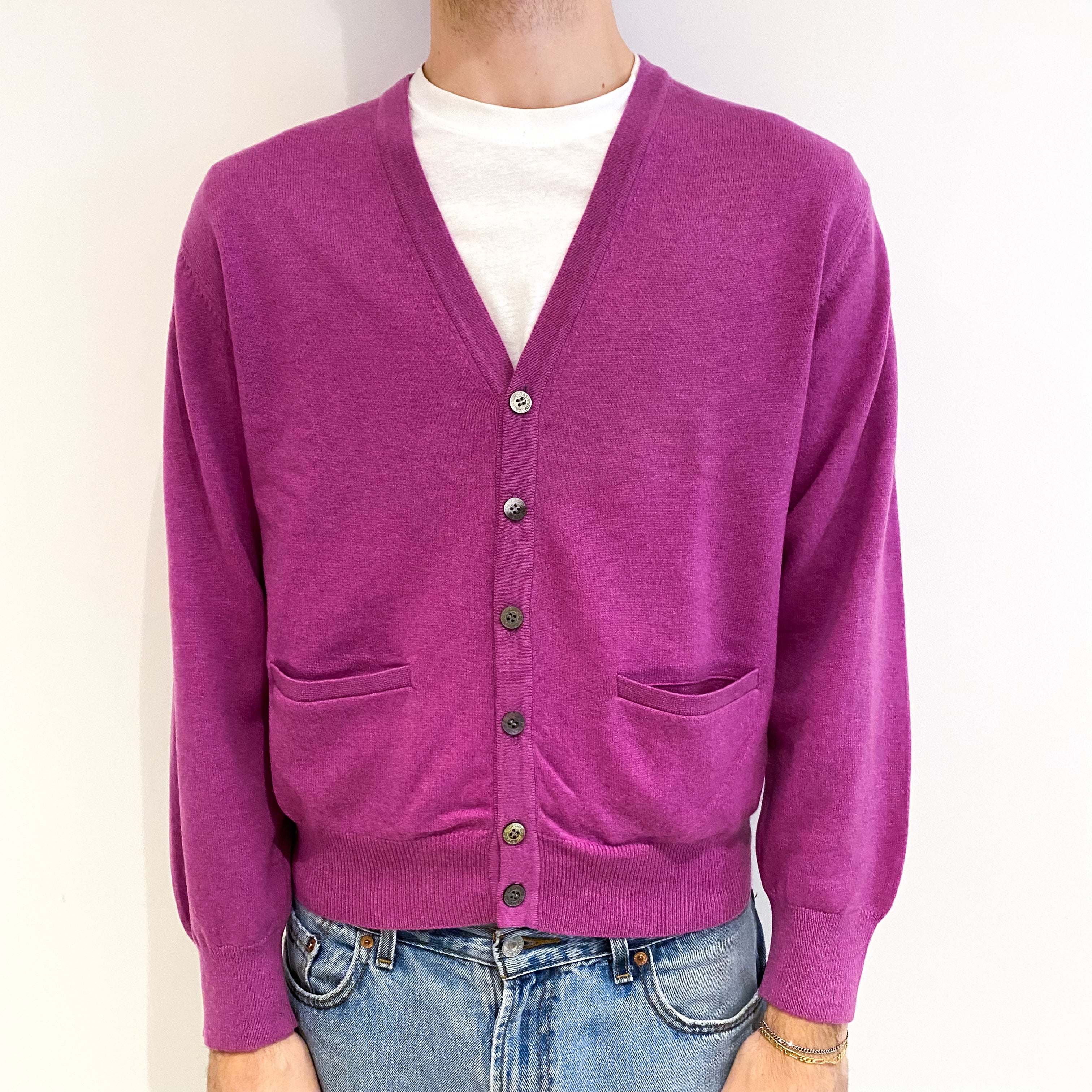 Men's Mauve Purple Cashmere V Neck Cardigan With Pockets Medium
