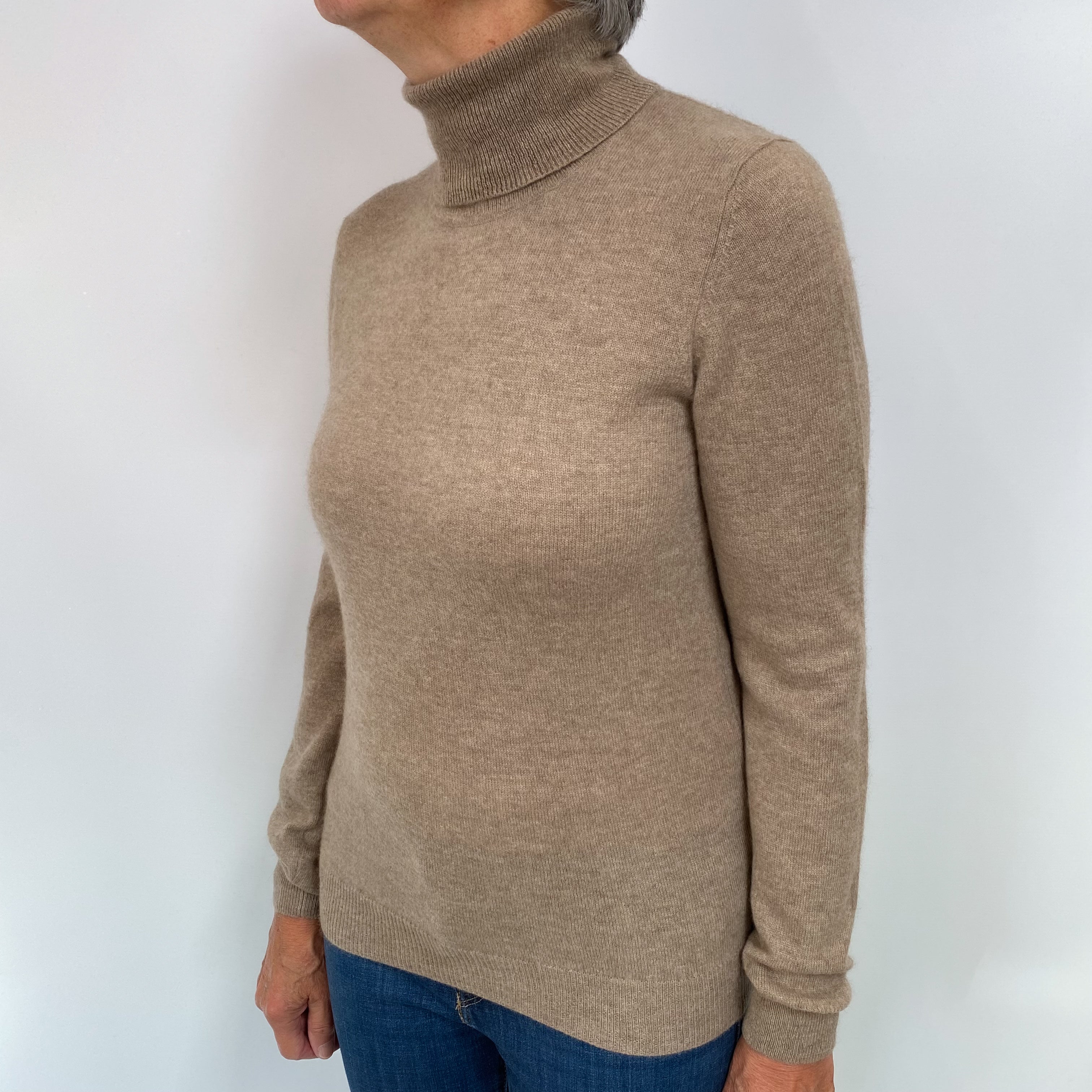Taupe Brown Cashmere Polo Neck Jumper Medium