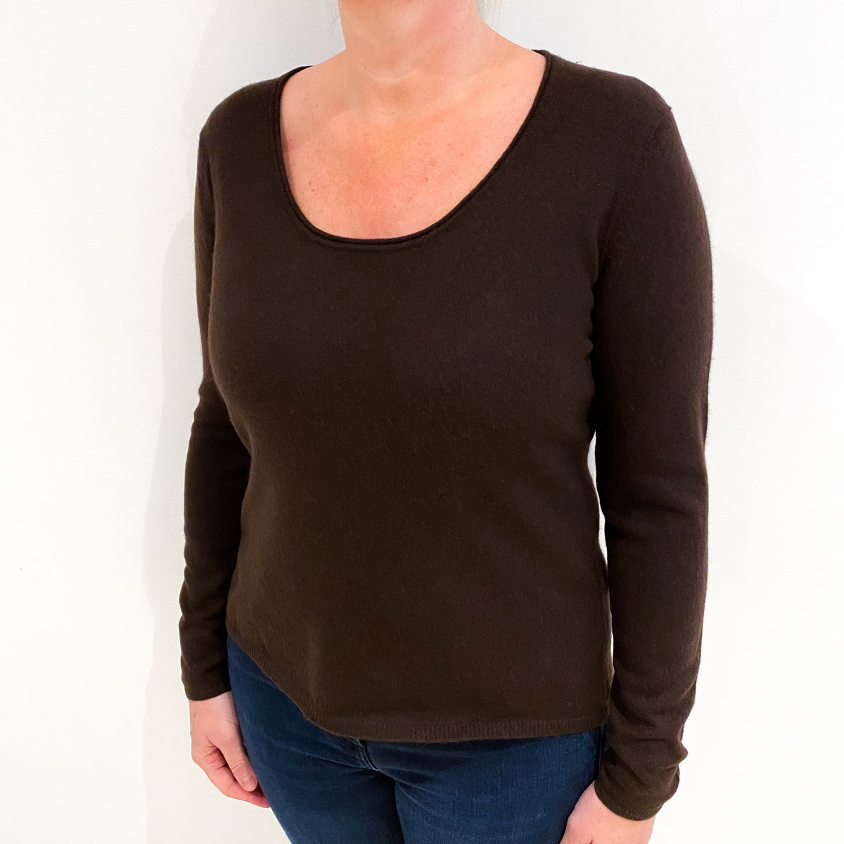 Chocolate Brown Cashmere Scoop Neck Jumper Large