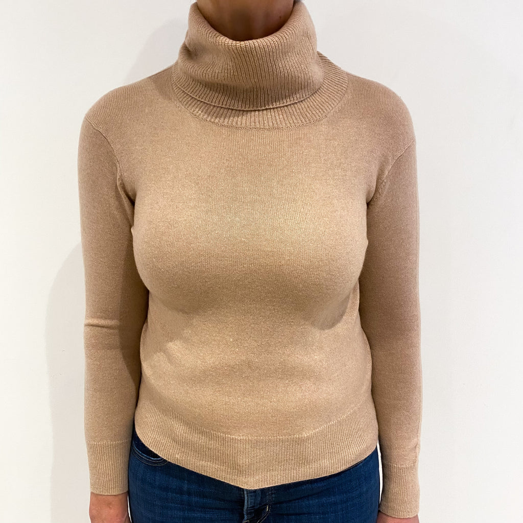 Buff Beige Cashmere Polo Neck Jumper Medium