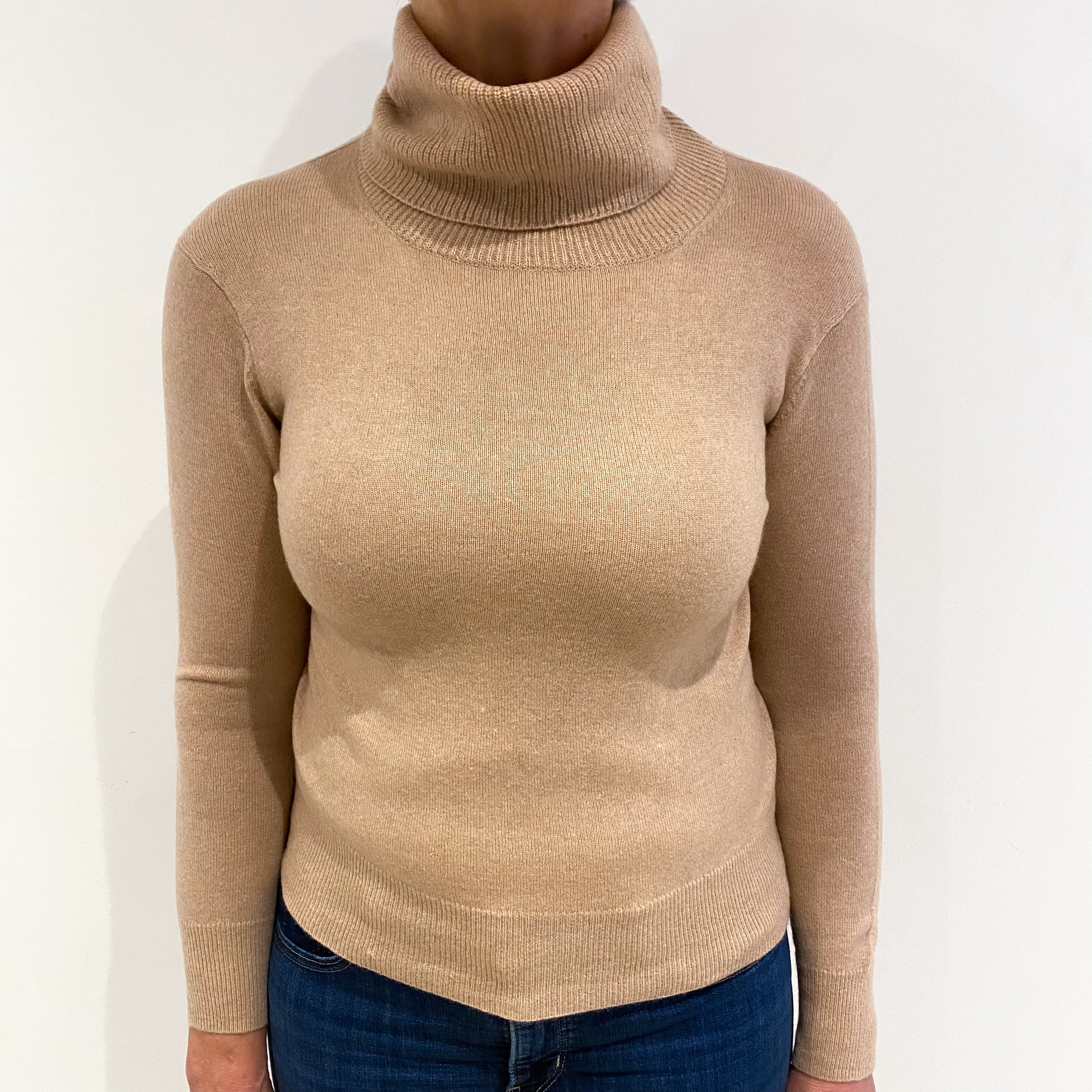 Buff Beige Cashmere Polo Neck Jumper Medium