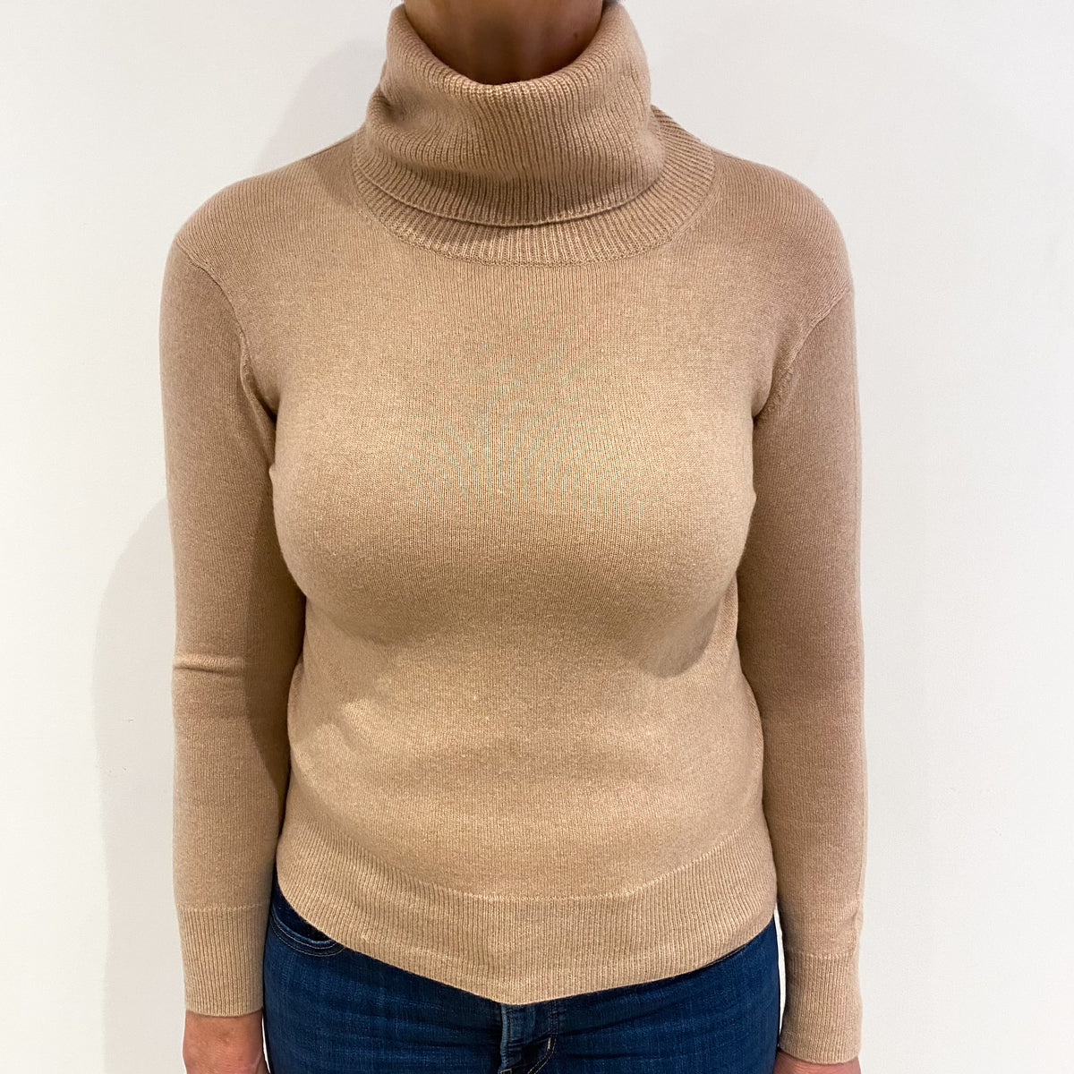 Buff Beige Cashmere Polo Neck Jumper Medium