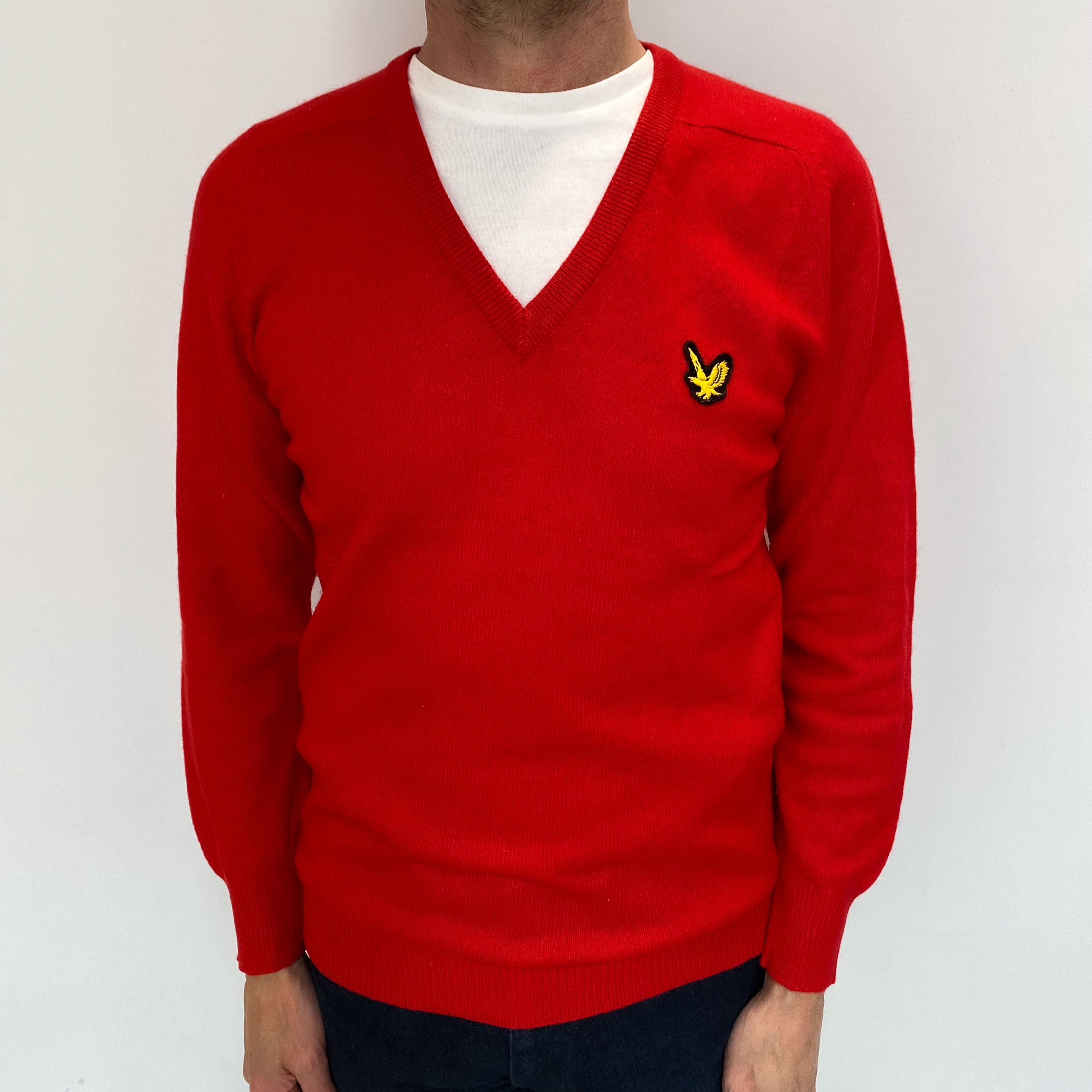 Men's Vintage Scottish Lyle & Scott RedCashmere V Neck Jumper Small