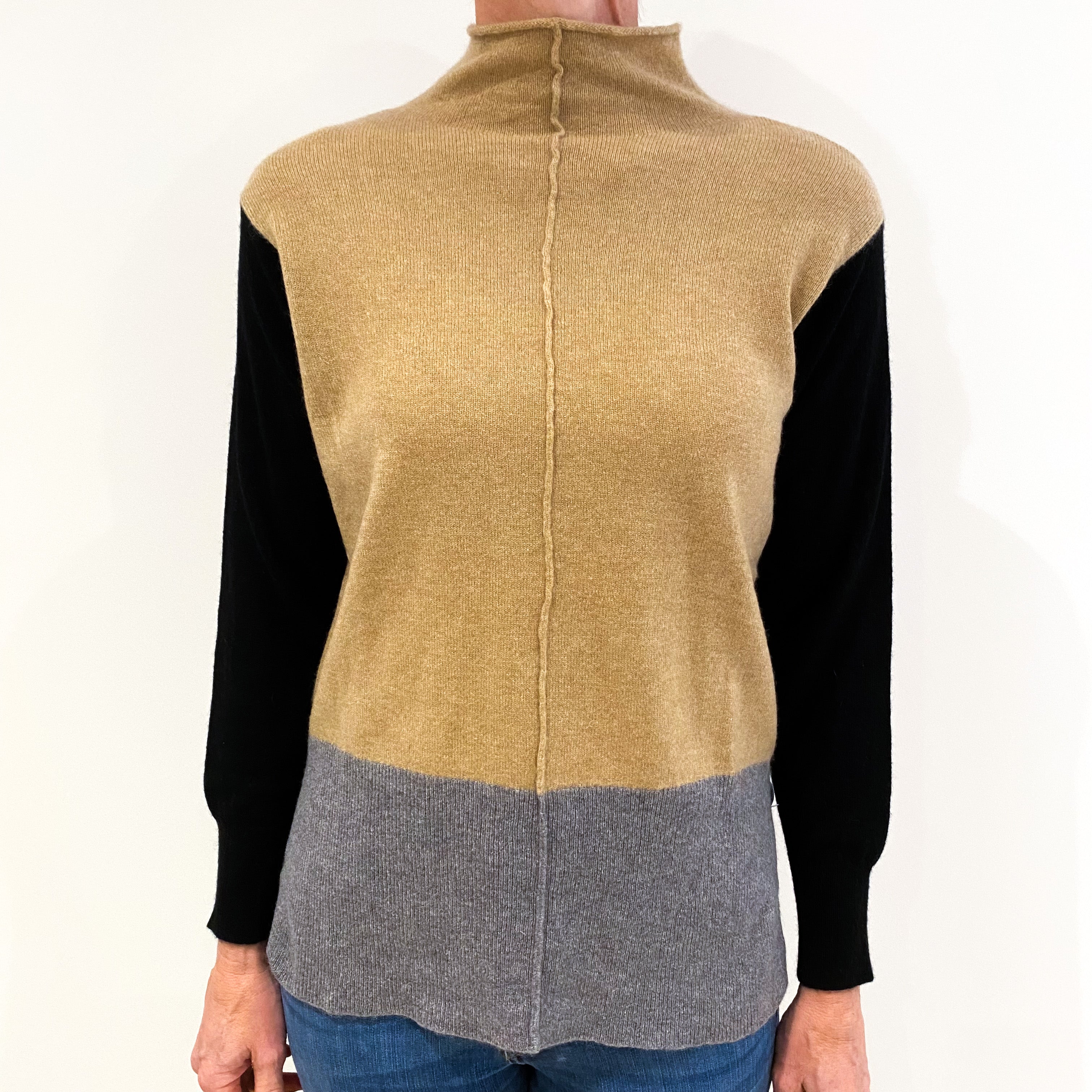 Black, Brown and Grey Colour Block Cashmere Polo Neck Jumper Small