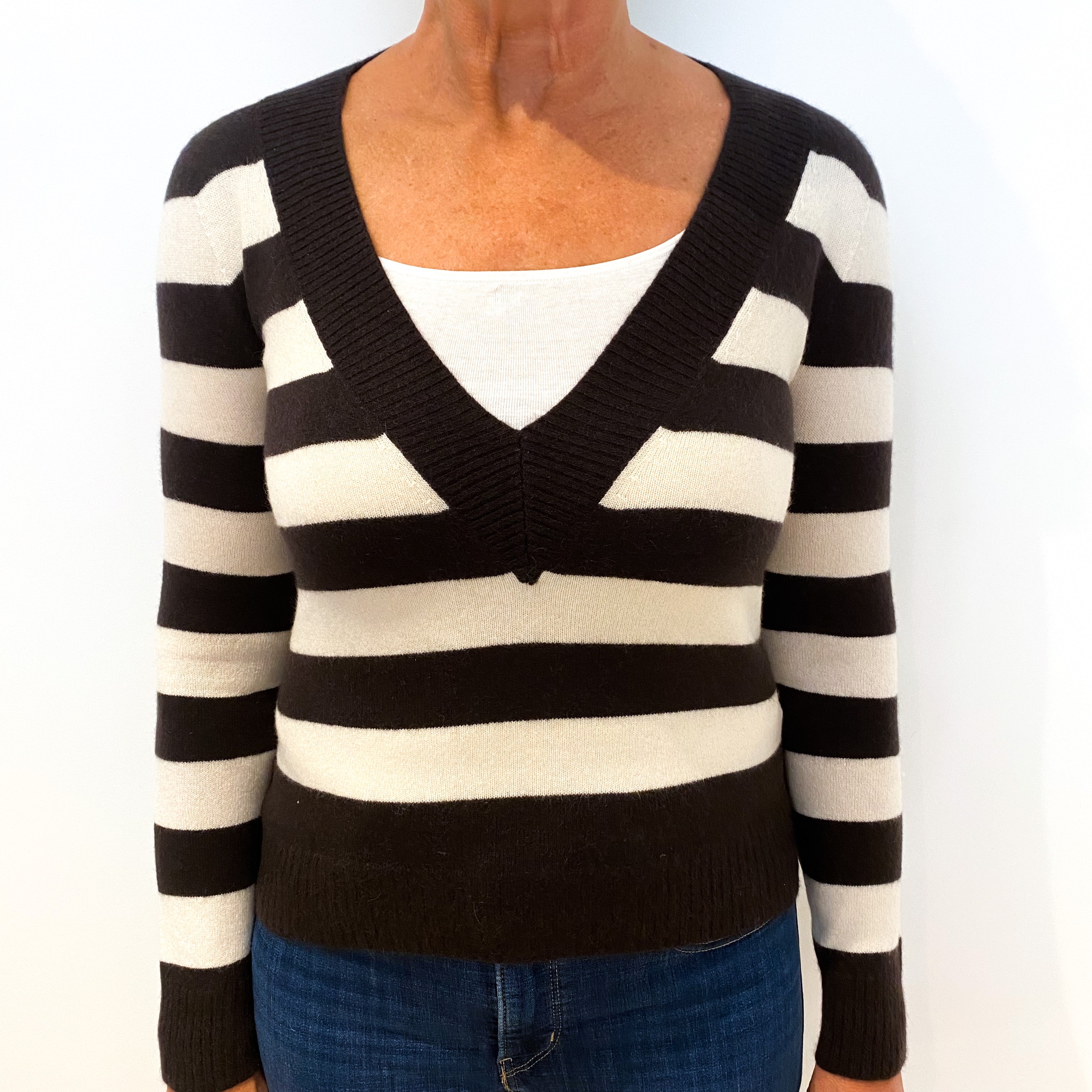Peppercorn Brown and Cream Striped Cashmere V-Neck Jumper Medium